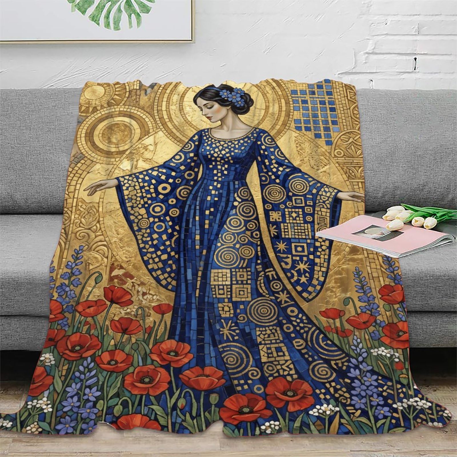 W7C8U2X3 Poppy Golden Mosaic Woman Blanket, Flannel, Nap, Natural Plant Art
