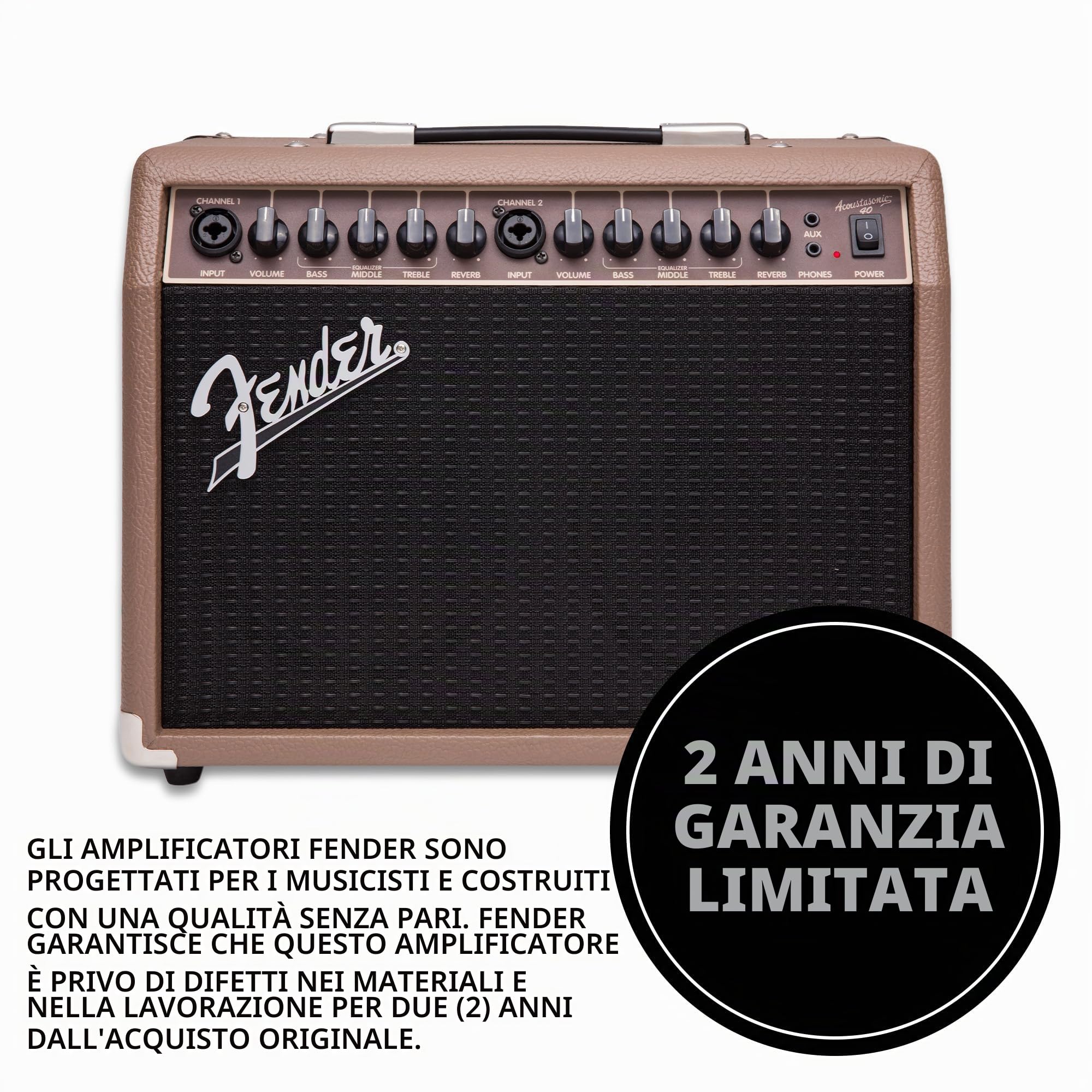 Fender Acoustasonic - Amplificatore per chitarra acustica, 40 Watt, portatile, con doppio altoparlante da 6,5", riverbero integrato, ingressi XLR/1/4", marrone/grano, con garanzia di 2 anni