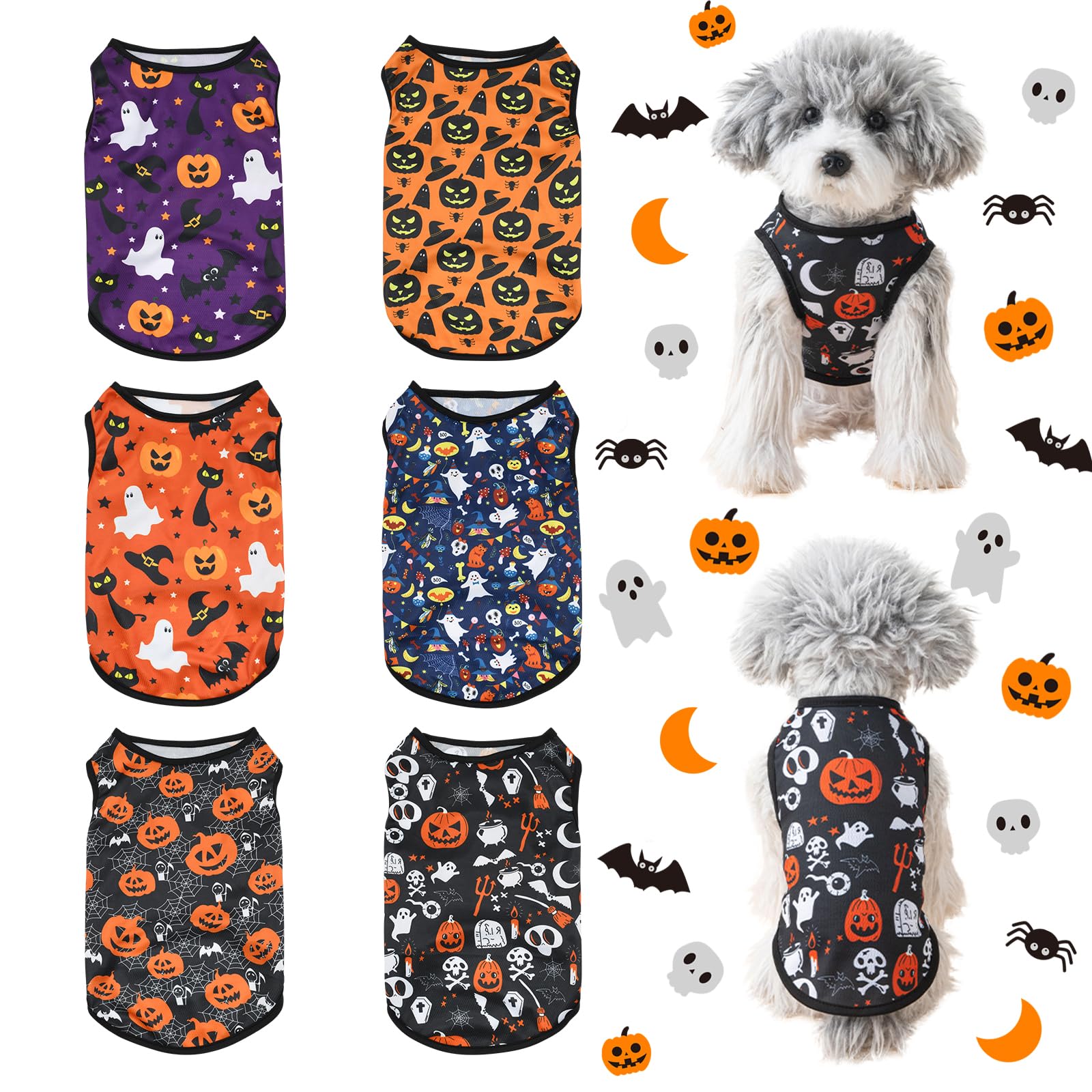 KATOLK 6 Pack Dog Clothes for Small Dogs, Soft and Breathable Puppy Kitten Dog Shirts for Pet Cats, Summer Dogs' T-Shirts Apparel Sleeveless Vests for Yorkies (Happy Halloween, Small)