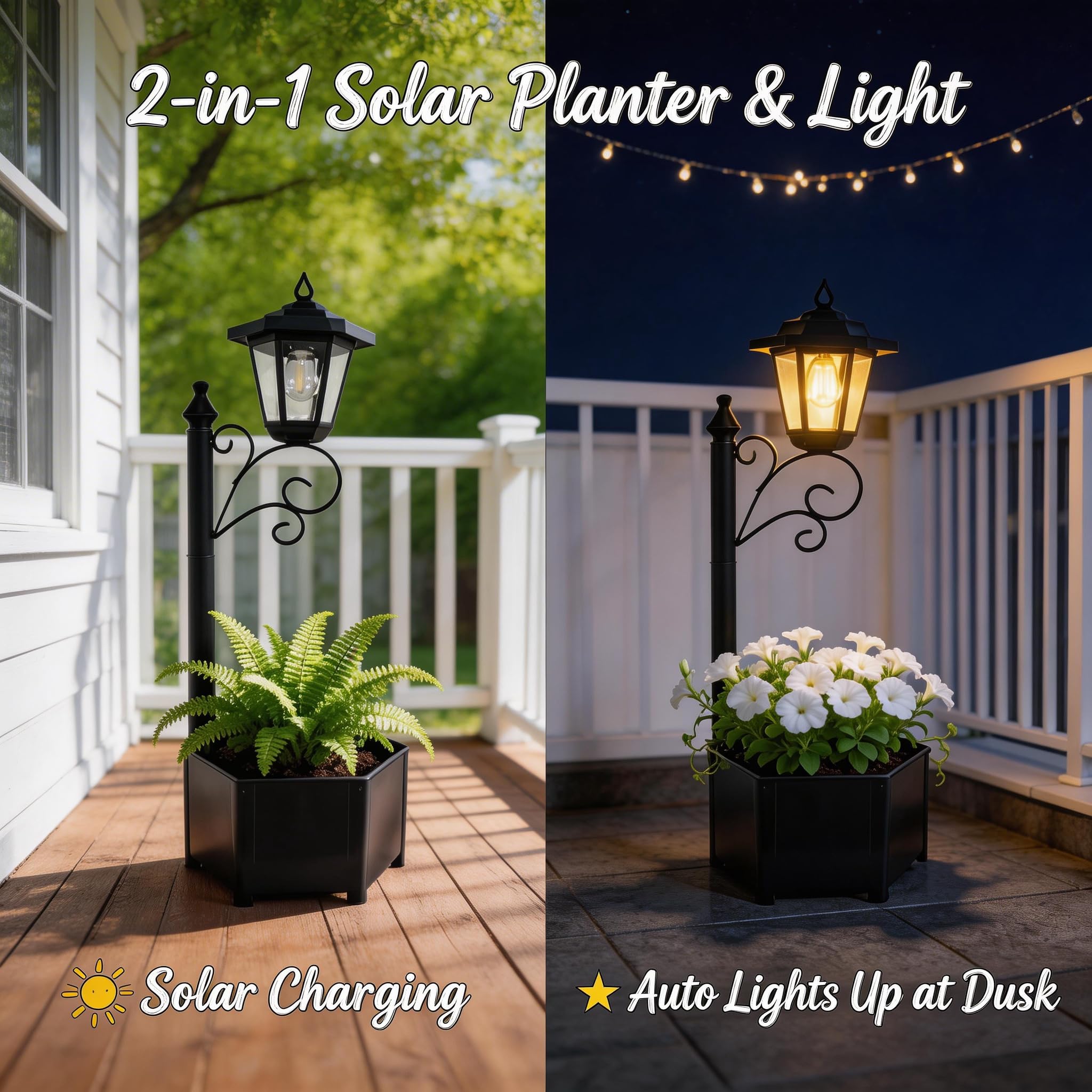 Lámpara Solar Maceta 2 en 1 Exterior - Luz Automática al Atardecer con Carga Solar, Decorativa para Jardín, Patio, Entrada y Porche, Resistente al Clima