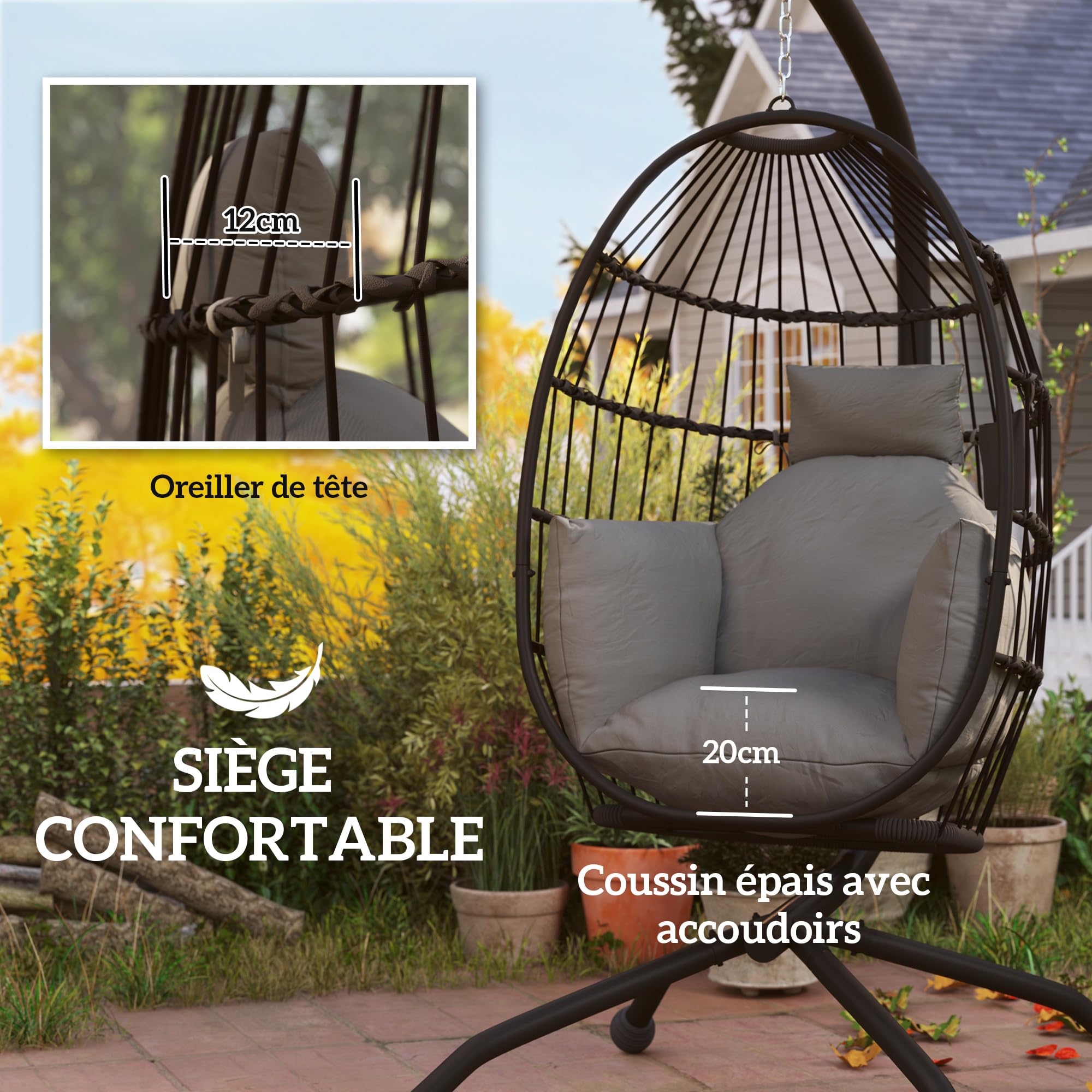 Outsunny Fauteuil Suspendu, Fauteuil Oeuf Suspendu Panier Pliable, Chaise hamac balançoire, avec Coussin rembourré, Oreiller, Porte-gobelet, pour intérieur et extérieur, Gris foncé