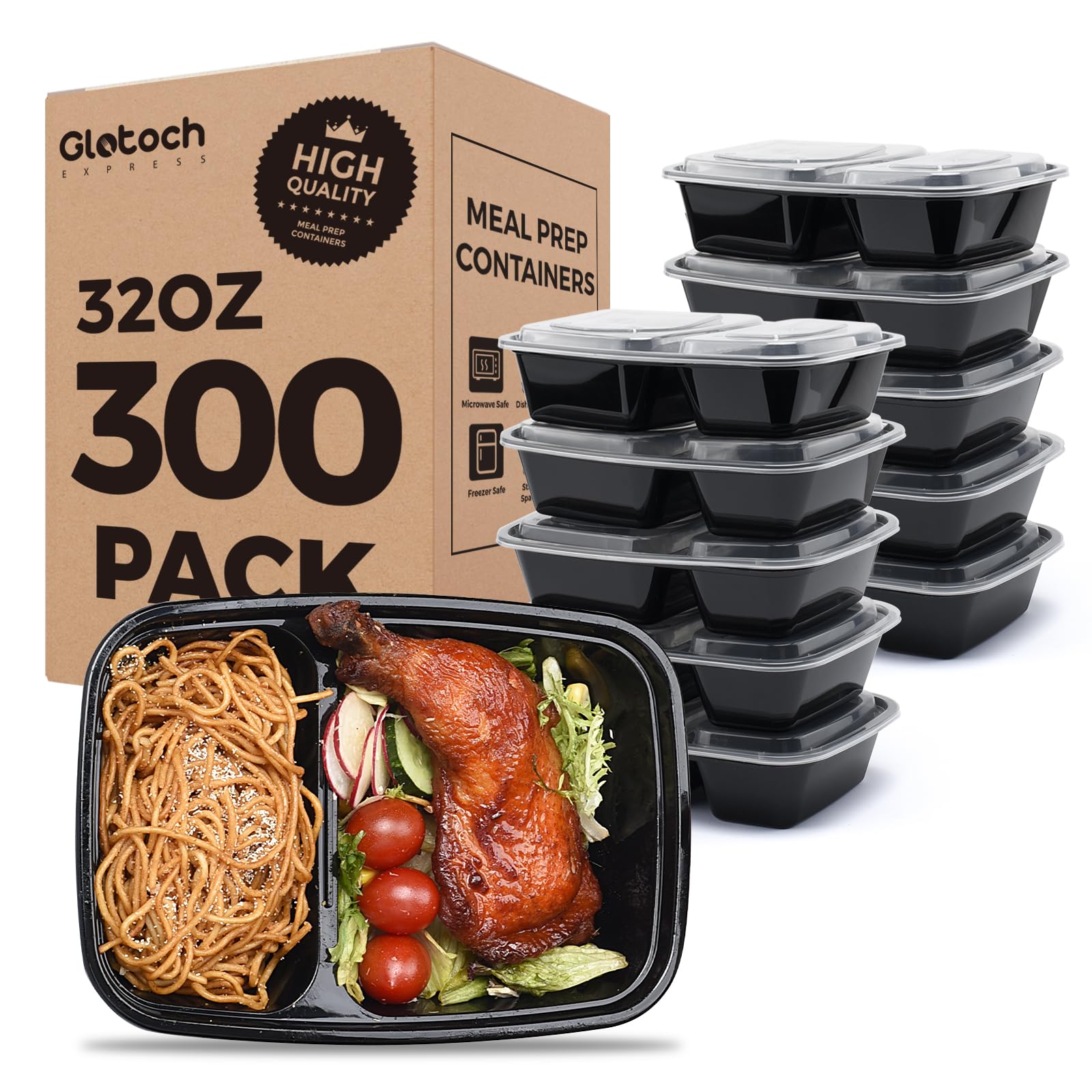 Glotoch Express 300 Pack 32 oz 2-Compartment Meal Prep Containers with Lids