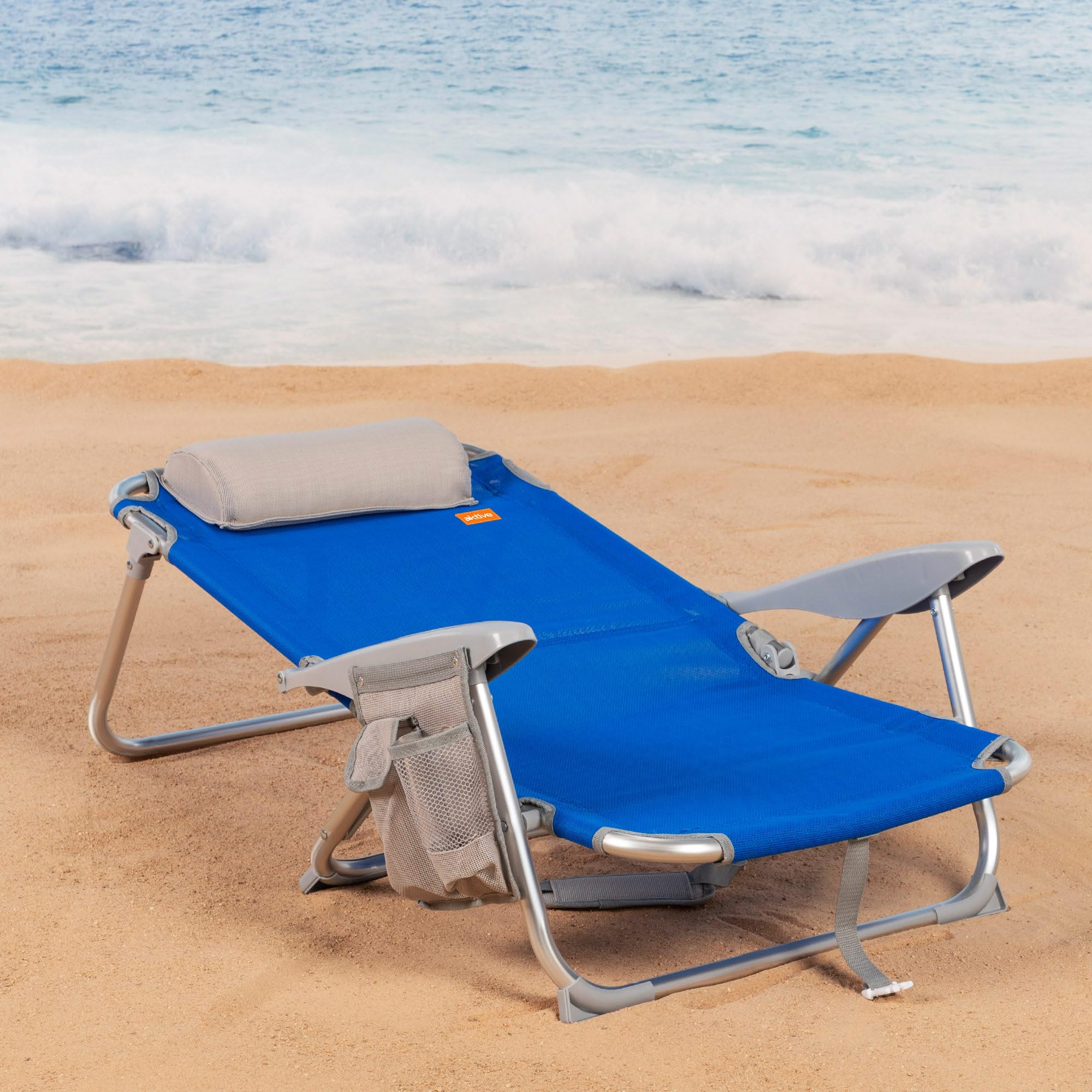 AKTIVE Chaise de Plage Pliante, 4 Positions, 51X45X76 cm, Coussin Inclus, Hauteur d'Assise 17 cm, Poignée de Transport, Poche latérale, Bleu (62609)