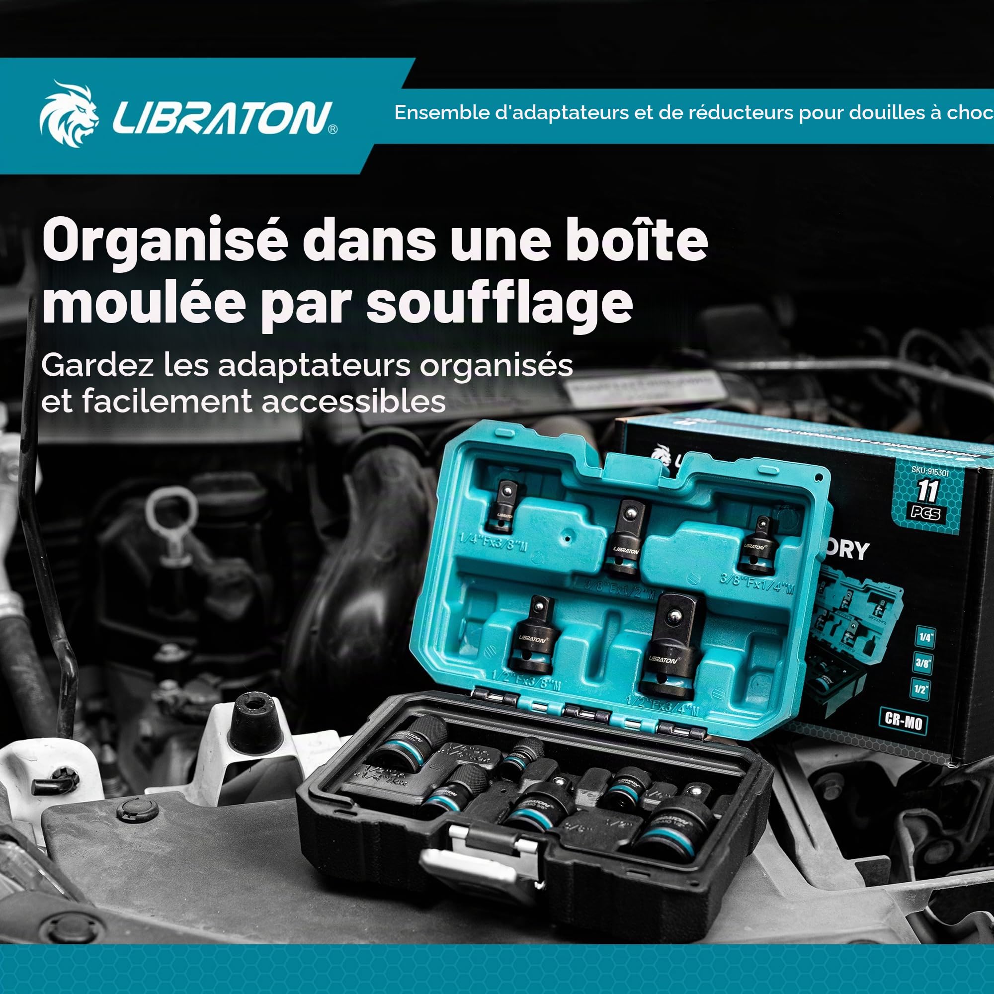 LIBRATON Lot de 11 adaptateurs et réducteurs de douilles à choc avec fonction pivotante – Convertisseurs hexagonaux 1/4 pour réparation automobile – Boîte moulée par soufflage