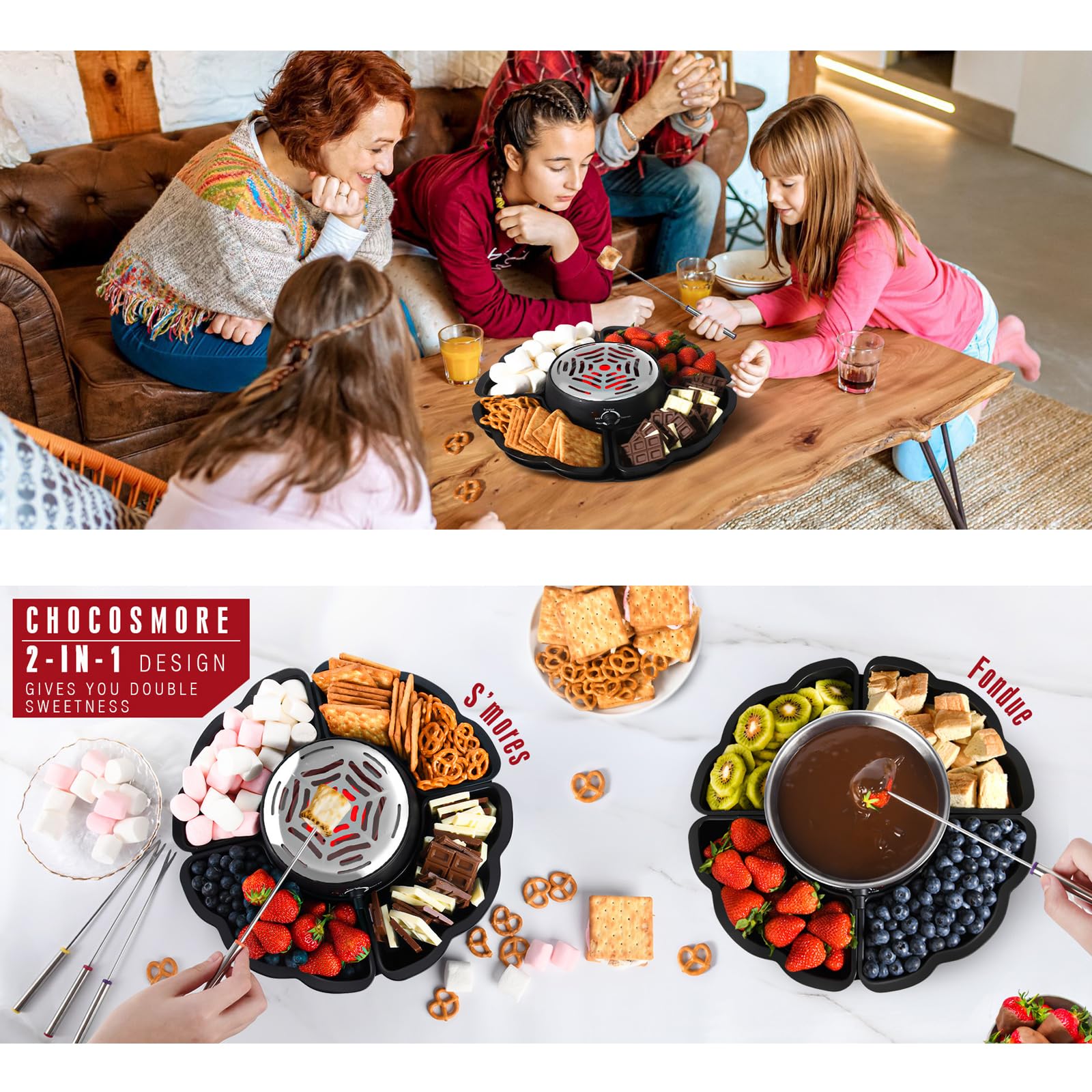 Ollas eléctricas de chocolate con bandeja de frutas, de acero inoxidable, para hacer fondue y malvaviscos con bandejas desmontables para fiestas de inmersión de malvaviscos, frutas y dulces