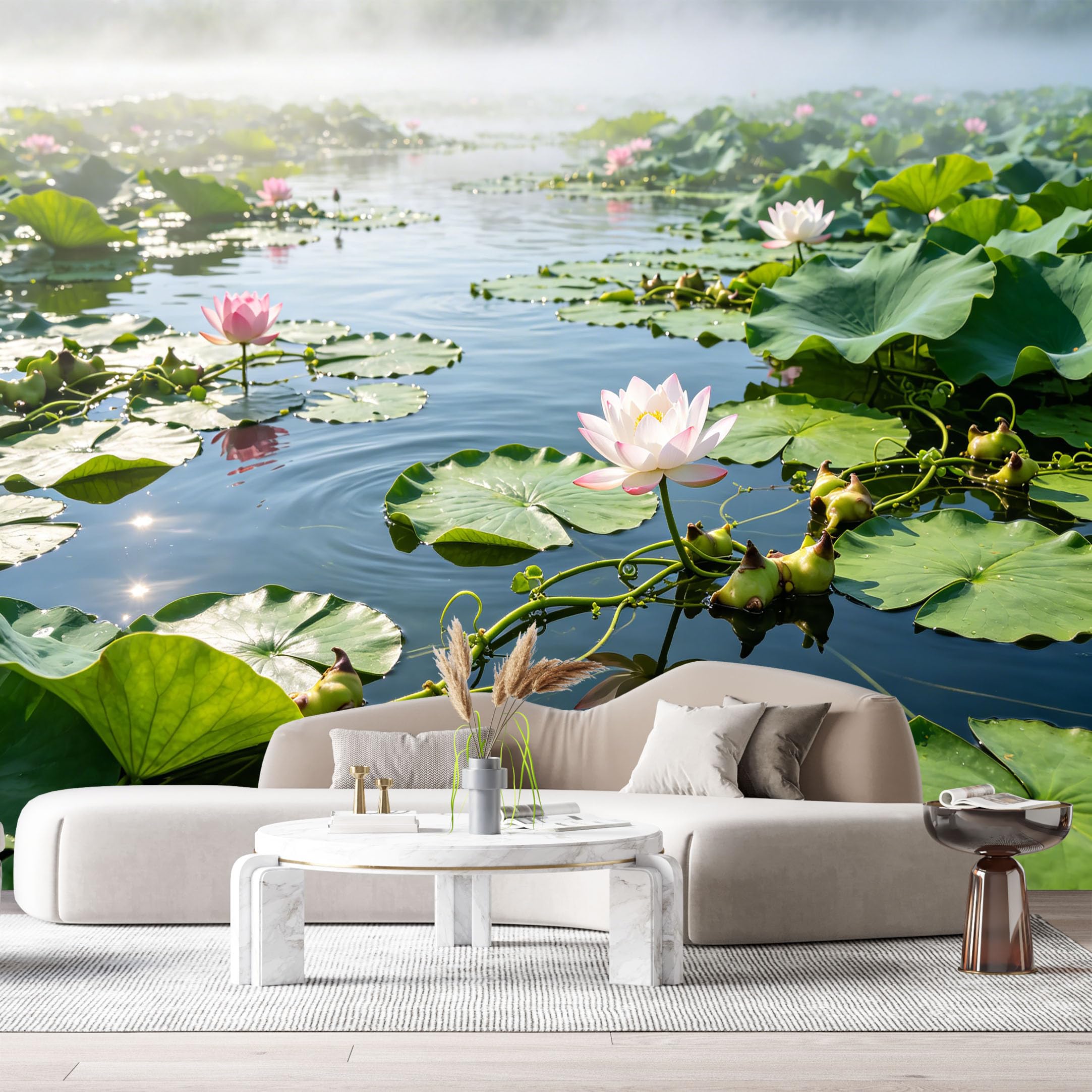 Custom Size Wall Murals Lotus Pond Botanical Water Reflection Watercolor SelfAdhesive Wall Fabric Removable Large Wallpaper for Photo Living Room