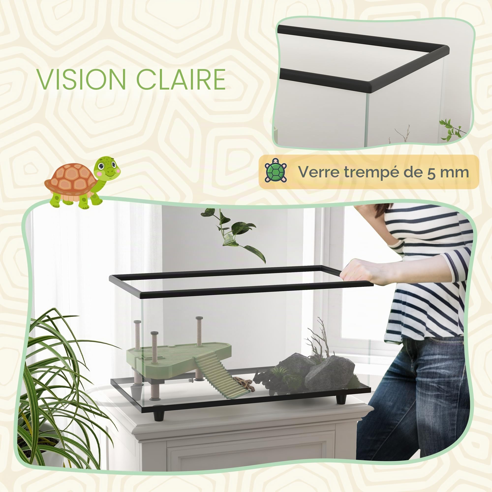 PawHut Terrarium pour tortues, Aquarium en verre de 50L avec plateforme de bain, rampe, simple évacuation, thermomètre à bandes, pour petites tortues, 60 x 30 x 32 cm