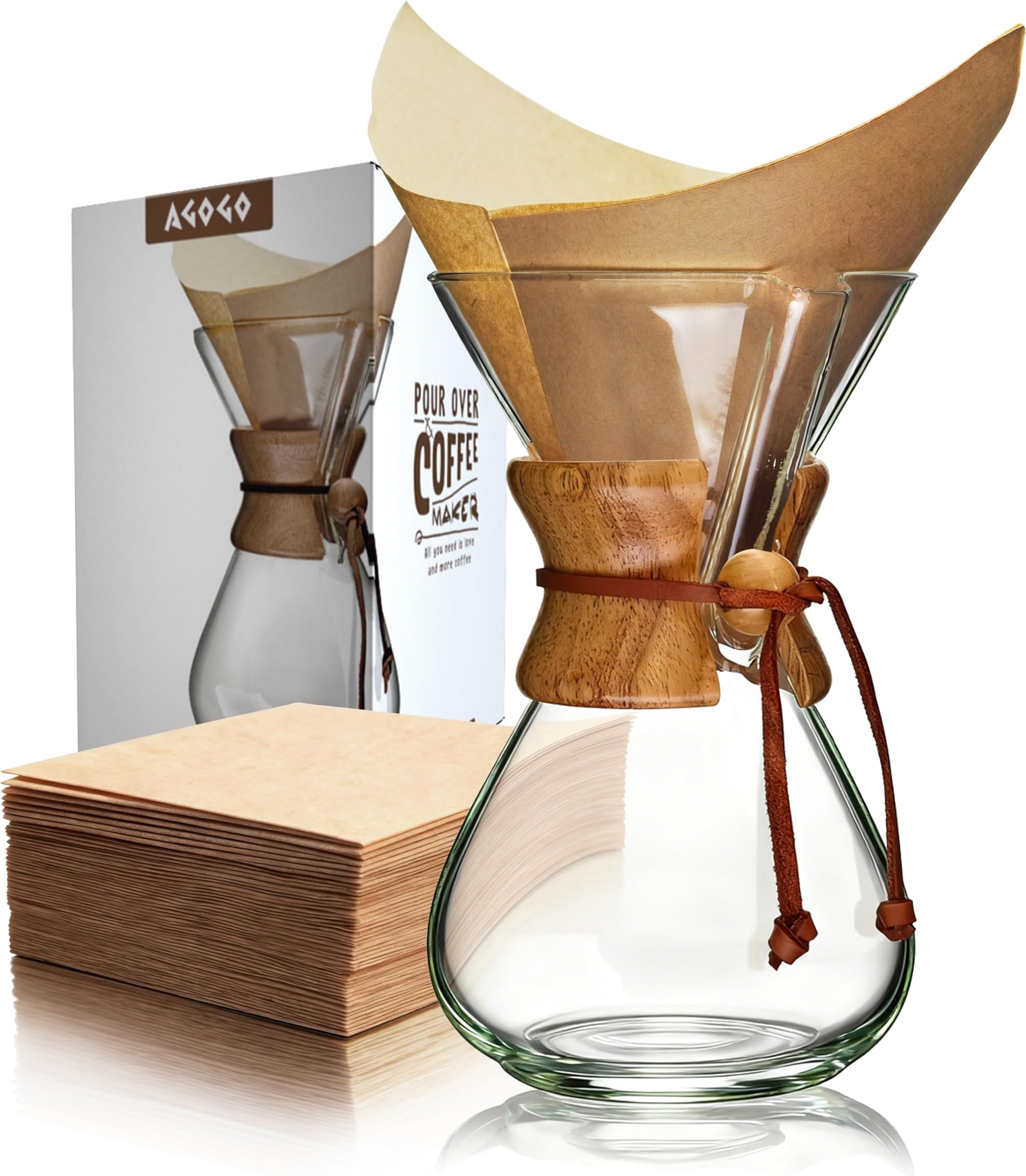 AGOGO Pour Over Coffee Maker Glass with 50pcs Paper Filters -for Home, Office, Camping, Cafes - Easy Clean Coffee Dripper Set (Soft Towel&Brush)(34oz Classic w/Paper Filters)