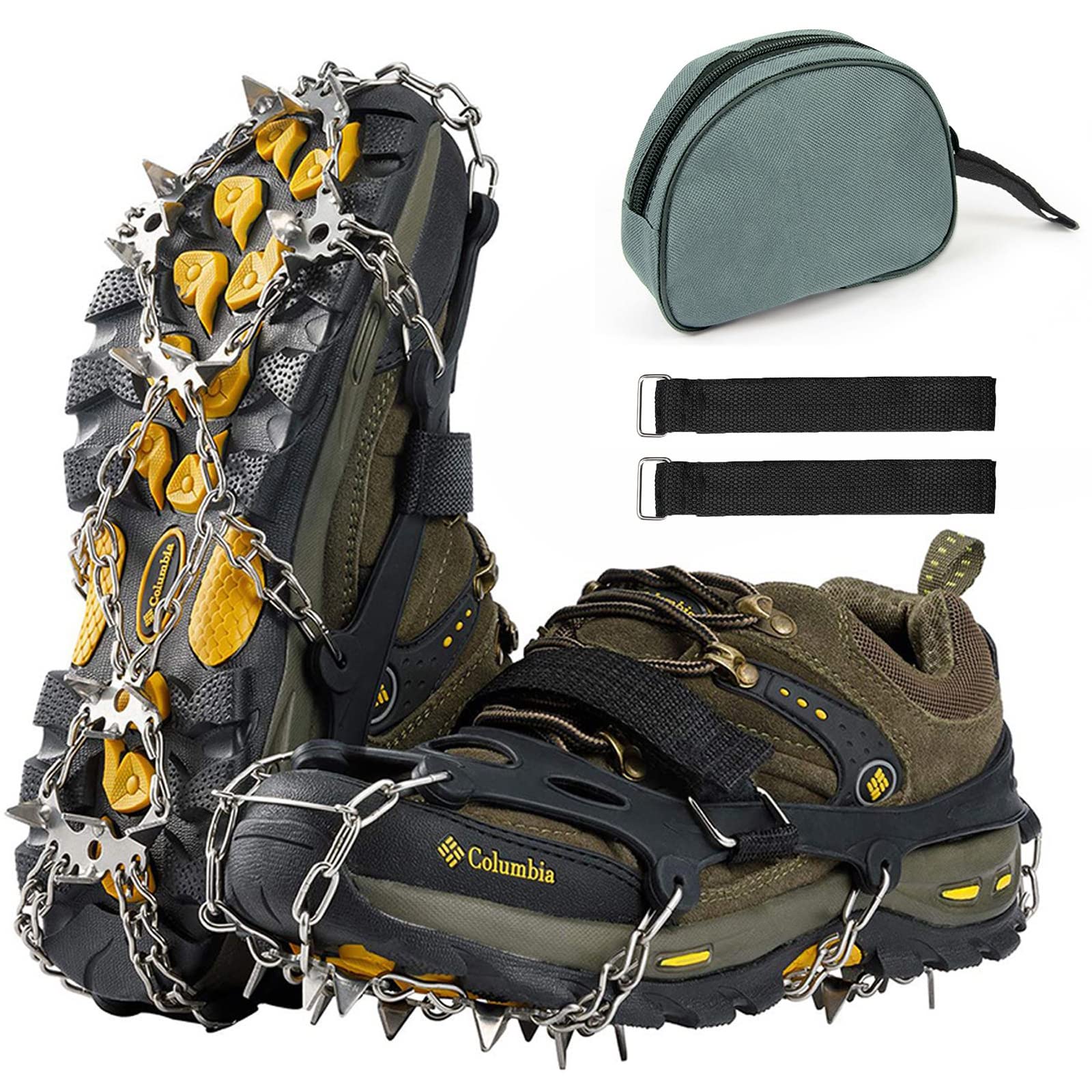 WAEKIYTL Crampons Ice Cleats Traction Snow Grips for Boots Shoes, 19 Spikes Stainless Microspikes Non-Slip Crampons for Men Women Kids Outdoor Walking, Jogging, Fishing, Climbing and Hiking