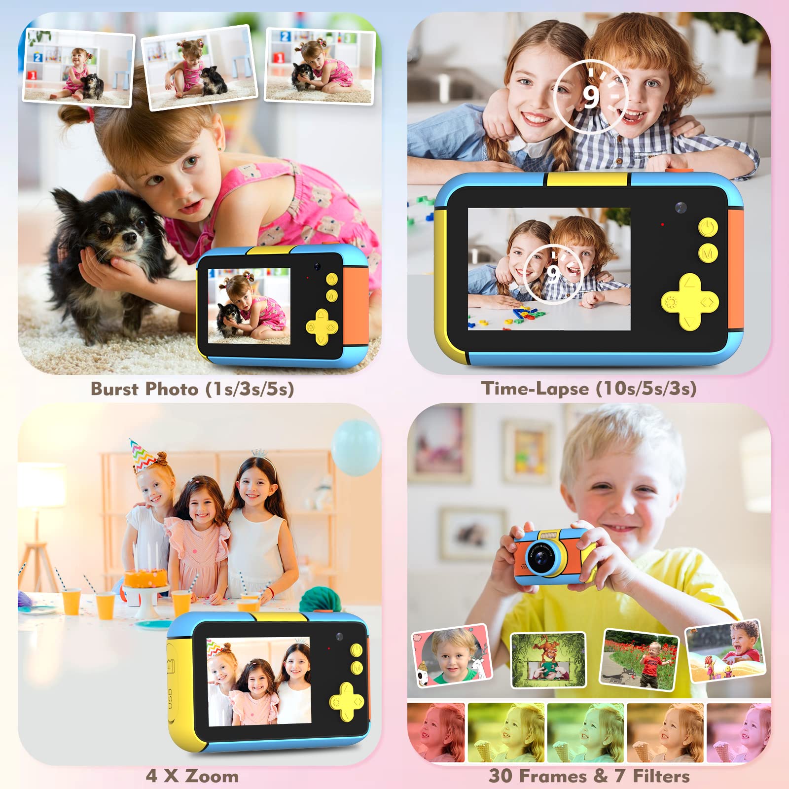 BaFuland Children's Camera, 2.4 Inch Digital Camera, HD 1080P Rechargeable Child Camera Camcorder, Gift Toy for Girls Boys 3 to 10 Years, 32G SD Card (Multi-Colour) - Image 4