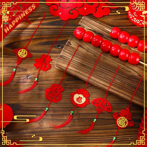 Mixweer 72 Pieces Chinese New Year Decorations Red Chinese Knot Pendant Traditional Spring Festival Decoration Hanging Lunar New Year Decor Lucky Fu Pendants for Home Tree Car Ornaments(Elegant)