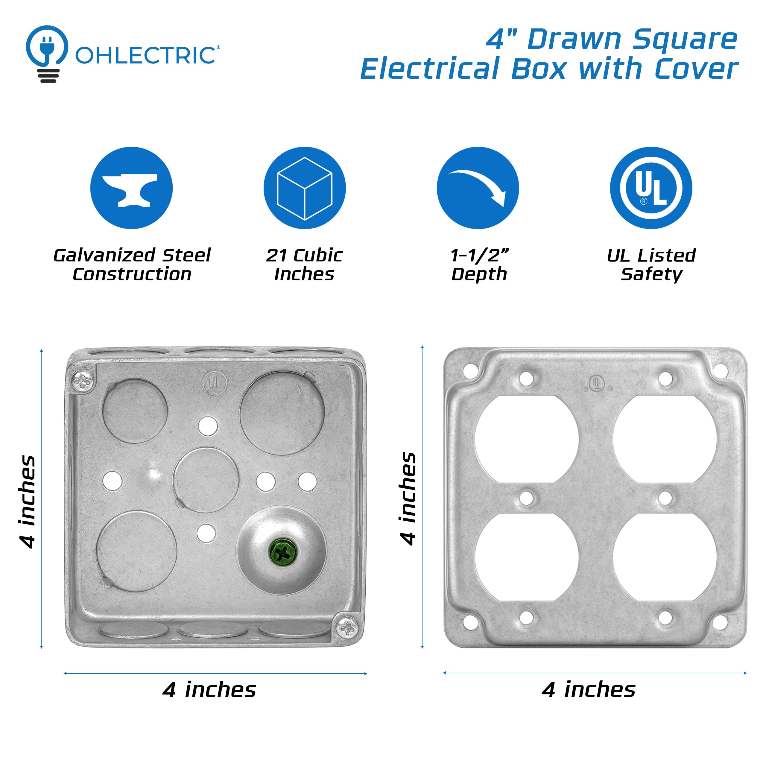 OHLECTRIC Lot de 4 boîtes de jonction électrique de 10,2 x 10,2 cm avec couvercles de 3,8 cm de profondeur, 21 cu. in. Boîtes de prise en métal robustes, emballage en vrac, double prise duplex et