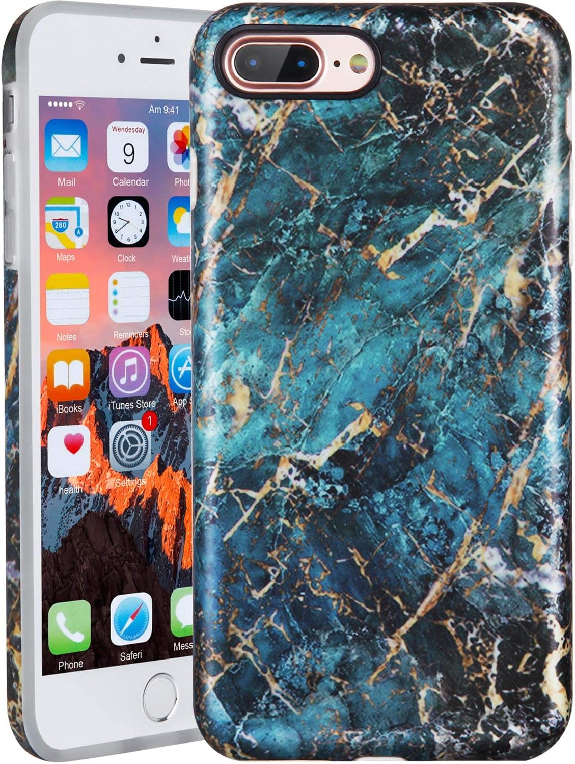 LUMARKE iPhone 7 Plus Case,iPhone 8 Plus Case, Gold Blue Marble for Girls Women Slim Fit Glossy TPU Cute Clear Bumper Soft Rubber Silicone Thin Protective Phone Case Cover for iPhone 7 Plus 8 Plus