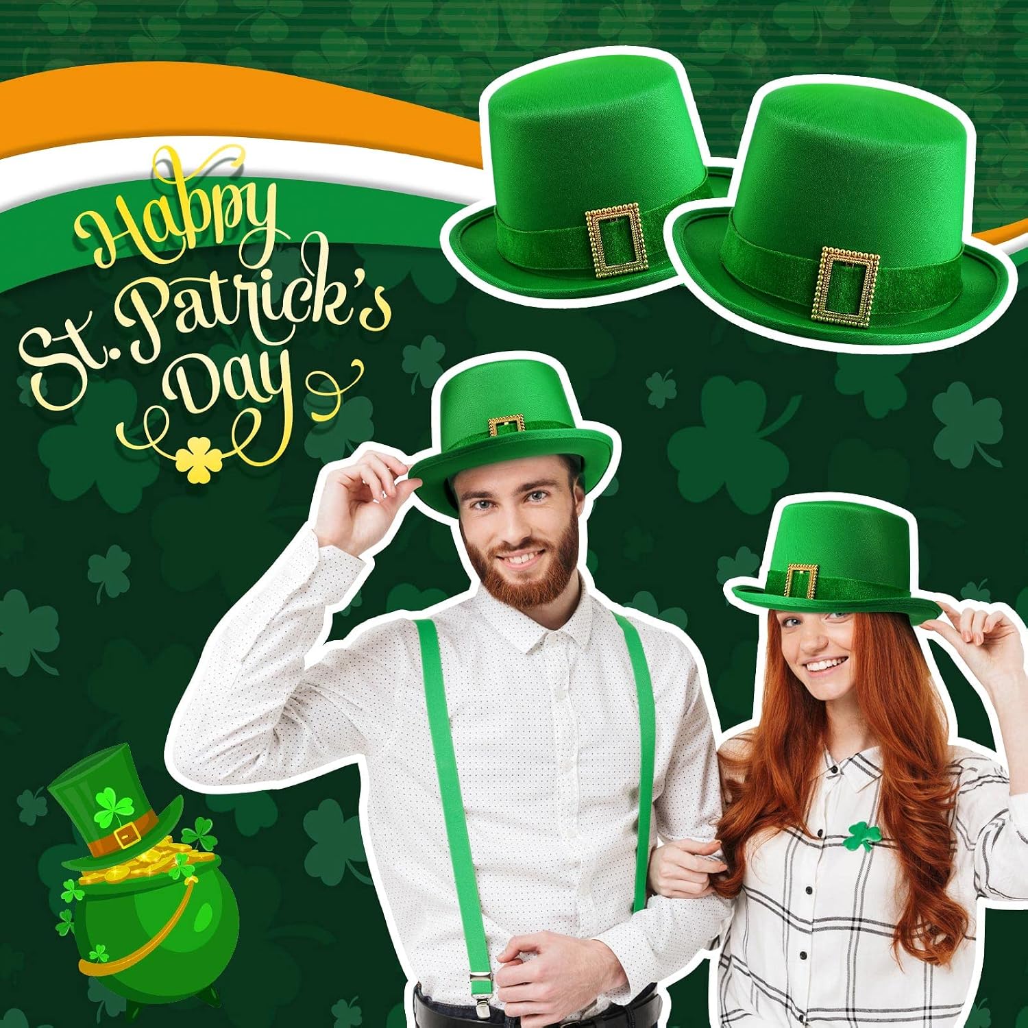 Kigeli 3 Pcs St Patrick's Day Hat, Leprechaun Irish Hats, Green Felt Leprechaun Top Hats, St Patricks Day Costume with Buckle
