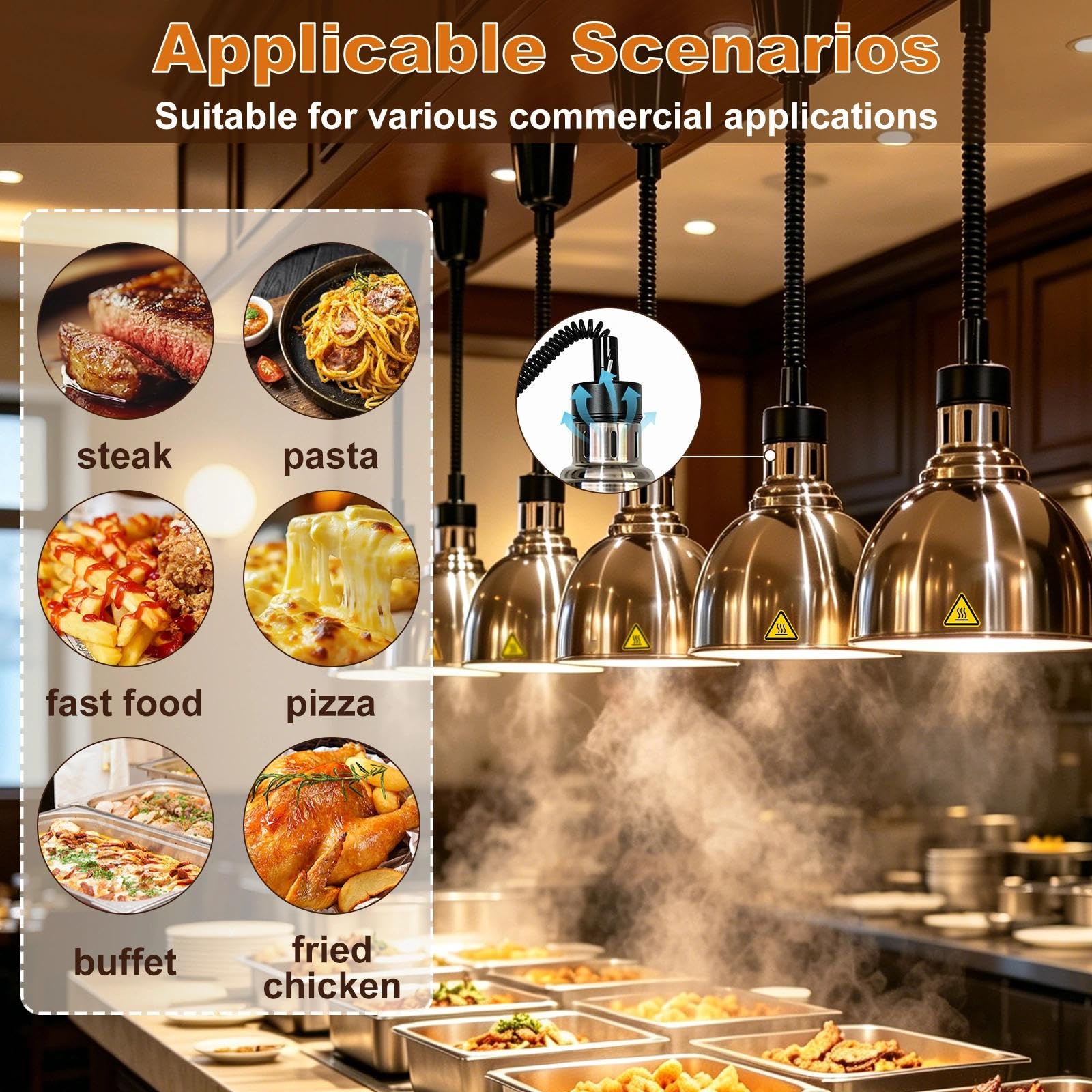 Lampara de Calor Cocina, Altura Regulable 60-180cm (B-25cm, 2 Piezas) | Lampara de Calor para Alimentos, Lampara Calentador Comida para Cocina Buffet Hostelería, 250W 220V