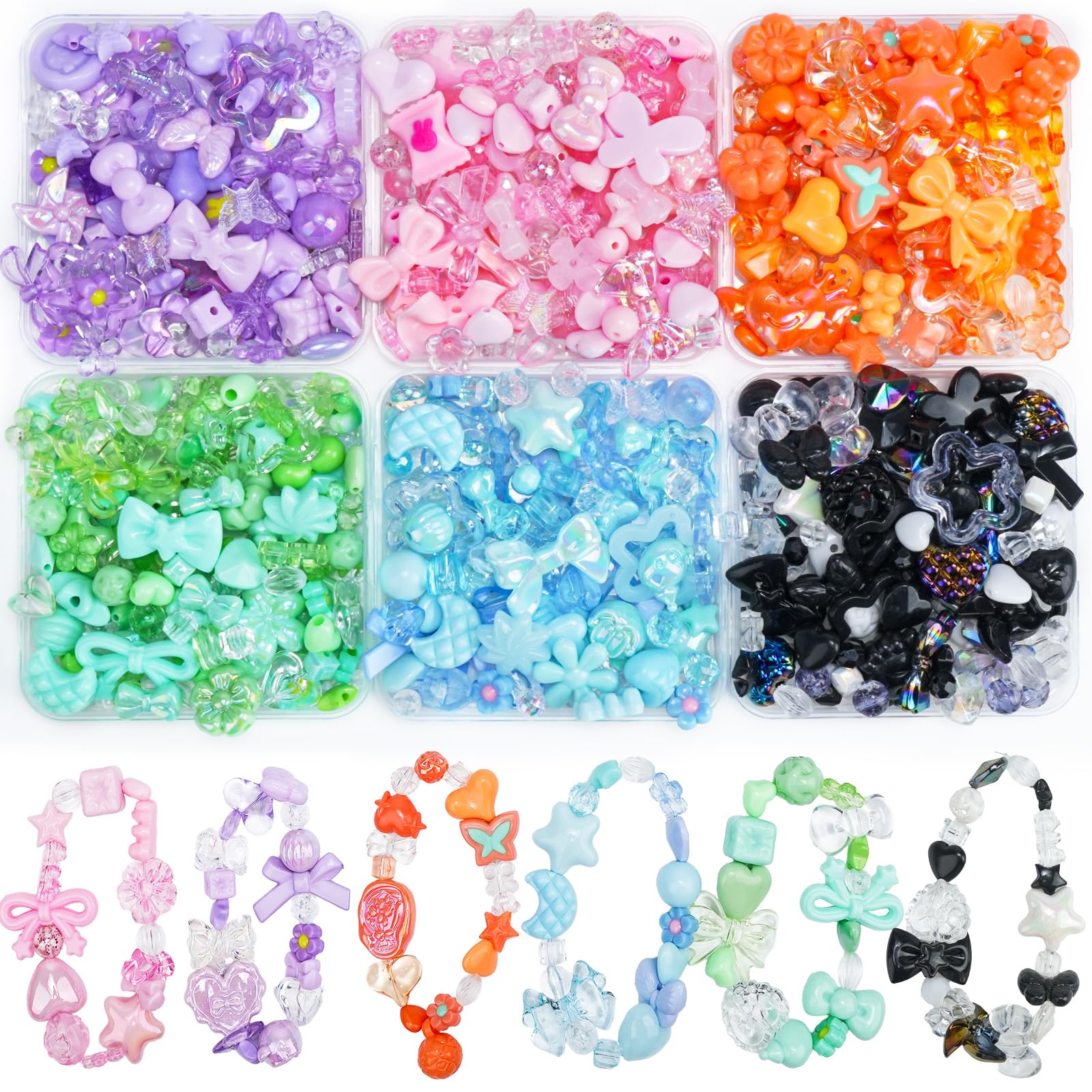 400-450PCS Acrylic Beads for Bracelet Making, Assorted 6 Colors Cute Beads, Flower Bow Candy Bear Kawaii Bracelet Charms for Jewelry Making, Necklace