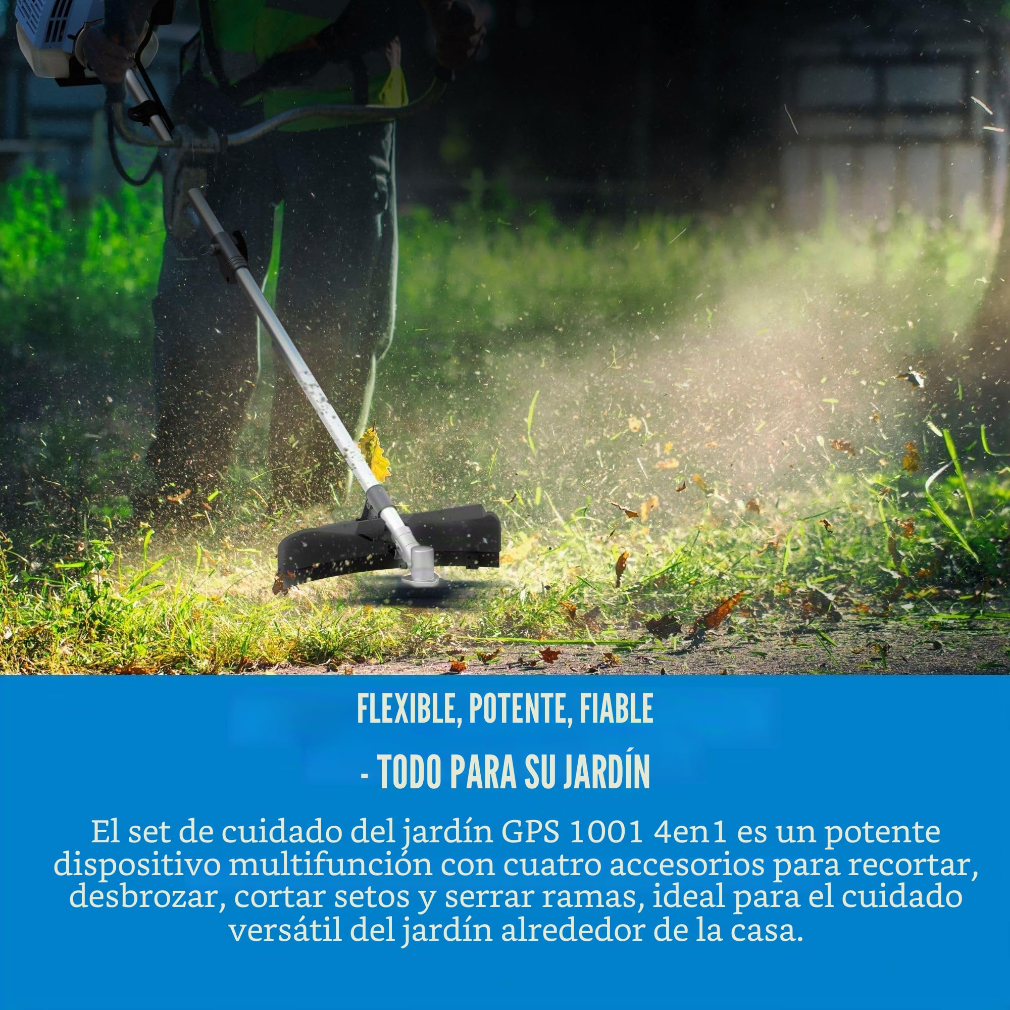 Güde Kit de Cuidado de jardín GPS 1001 4 en 1 (Motor de 2 Tiempos 1,2/1,6 kW/PS), Sierra de Cadena con Espada y Cadena Oregon, desbrozadora, Recortadora, Cortasetos en uno, Incluye extensión,