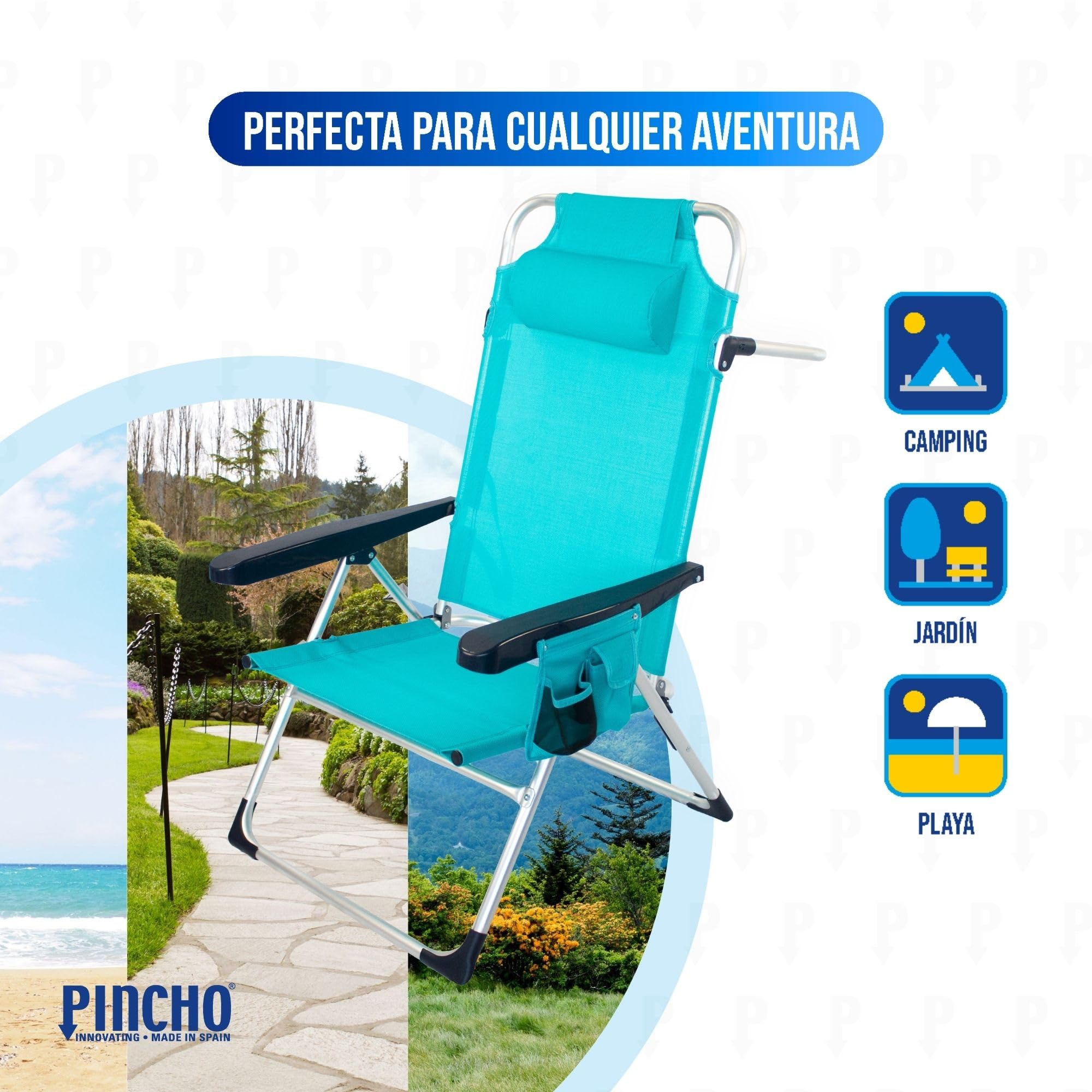 Pincho Silla Playa Plegable, Sillon Alto con Cojín, Reclinable, Altura del Asiento 29,5 cm, Asa de Transporte, Bolsillo para Movil y Bebida Textileno Resistente, Jardin, Camping, Hamaca (Turquesa, 2)