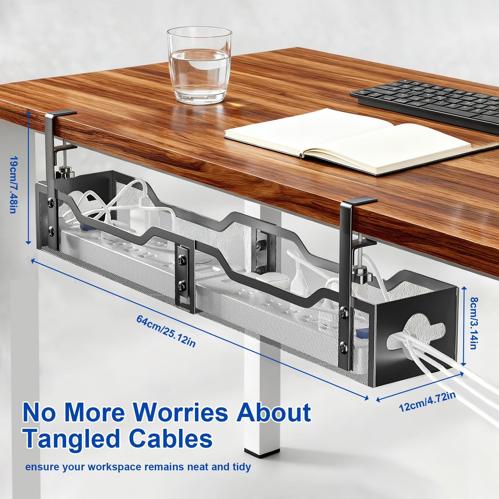 Bandeja de Gestión de Cables para Debajo del Escritorio de Malla de Metal Cesta De Cables de Mesa sin Taladrar con Sistema de Sujeción para Oficina Limpia en Casa