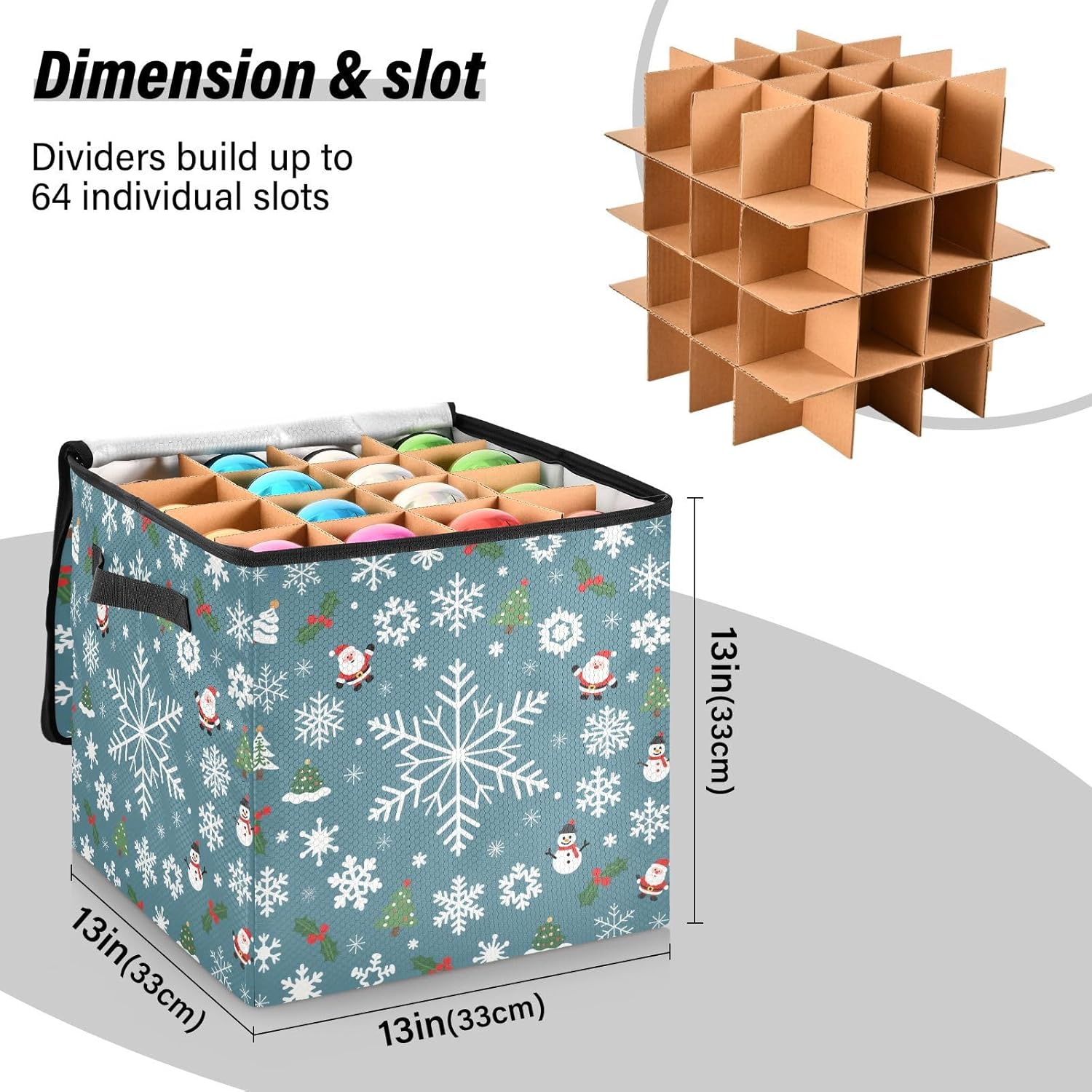 High Capacity Christmas ornament organizer Holds Up to 64, Two Handles handy Holiday Storage Case with Lid,Fashion Christmas Snowflake Blue