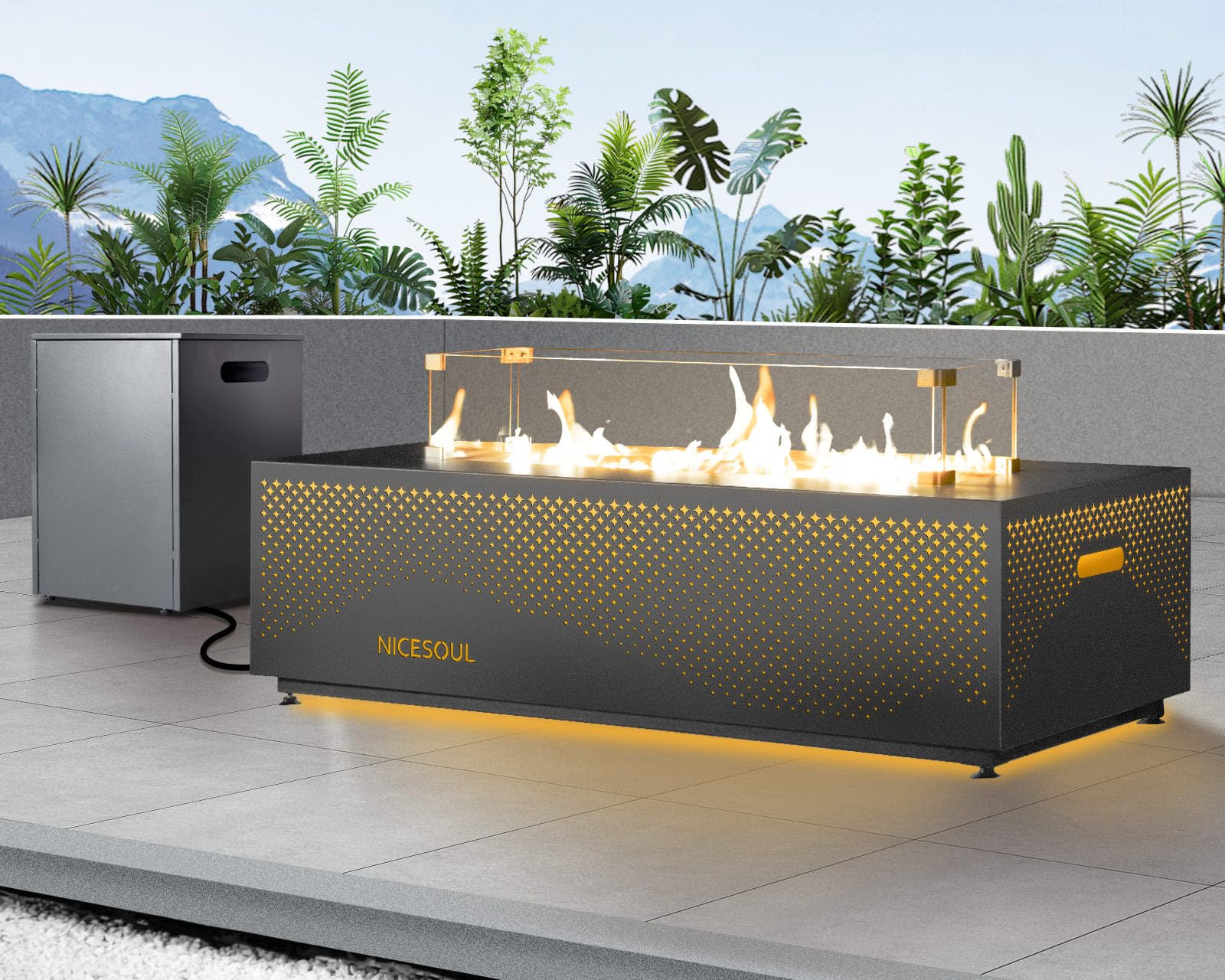 Rectangular fire table with decorative star light cutout pattern