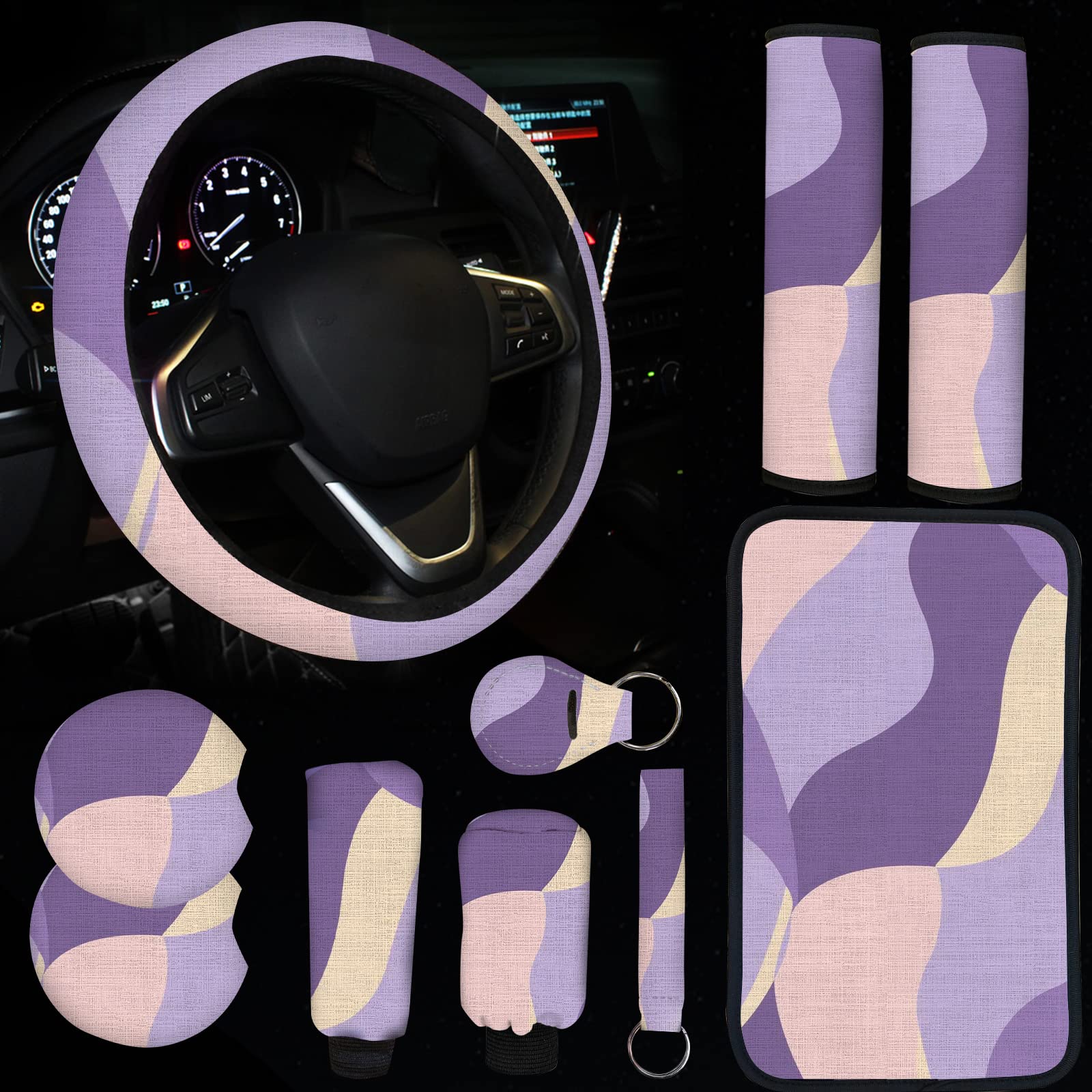 JINGSEN 10 Pieces Purple Painted Print Car Steering Wheel Cover Center Console armrest Cushion Headrest Seat Belt Cover Handbrake Cover Keychain Coaster Full Set Car SUV