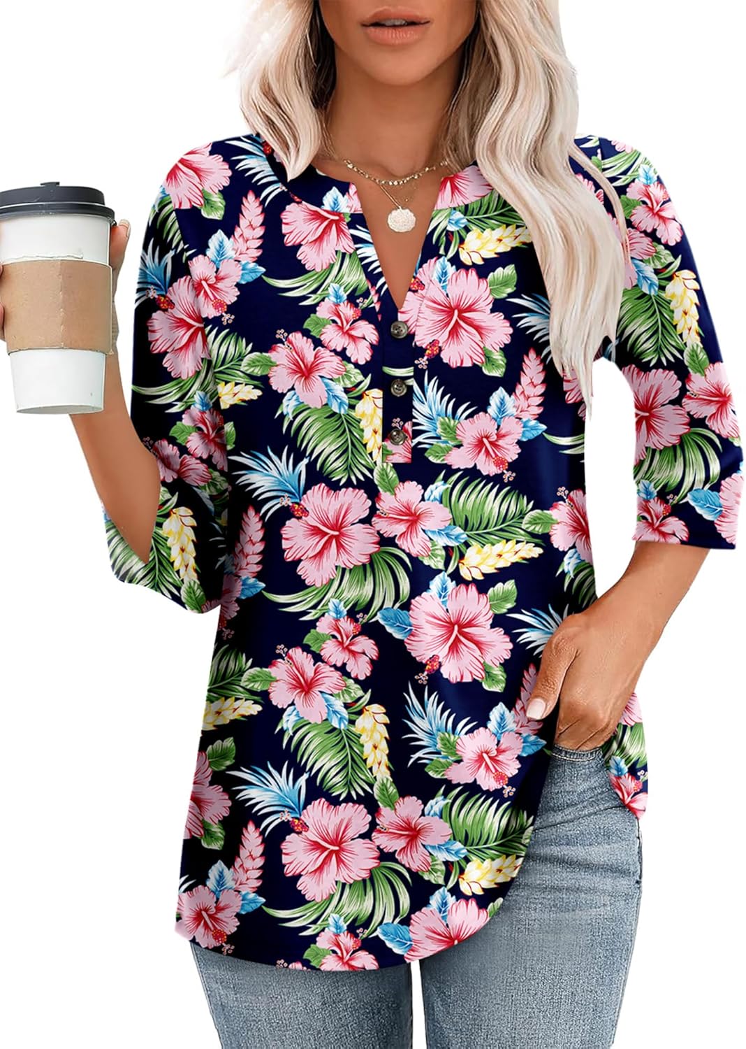 CRAZY GRID Womens Fashion 3/4 Sleeves Tops Fall Crew Neckline Loose Fitting Type Button Down Business Work T Shirts - Image 4