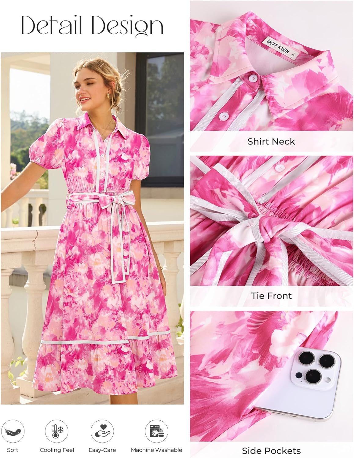 GRACE KARIN Women Summer Floral Maxi Dresses 2026 Wedding Guest Puff Sleeve Shirt Sundresses Boho Spring Clothes with Pockets - Image 5