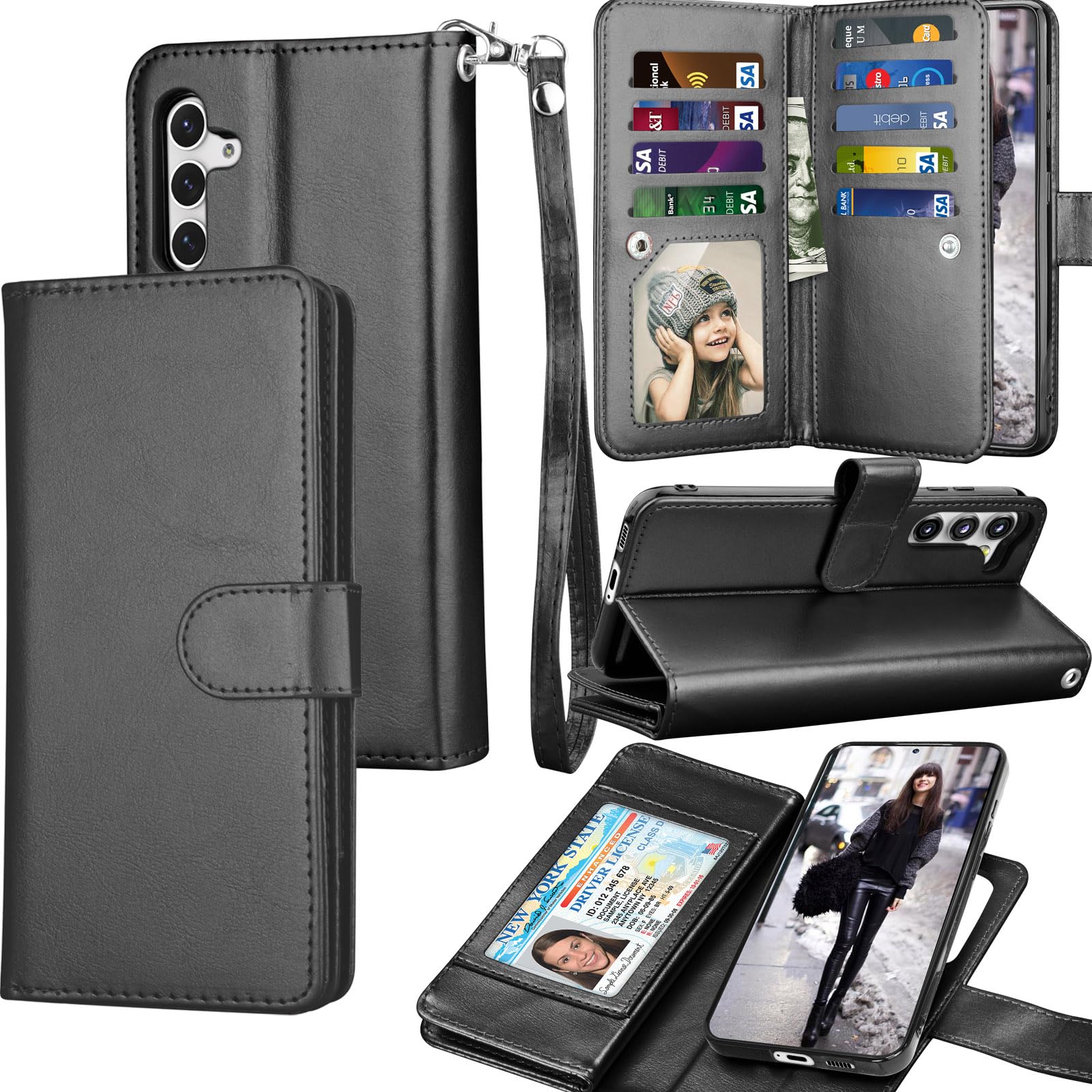 Galaxy S24 Case, Galaxy S24 Wallet Case, Tekcoo PU Leather ID Cash Credit Card Slots Holder Carrying Folio Flip Cover [Detachable Magnetic Hard Case] for Samsung S24 5G [Black]