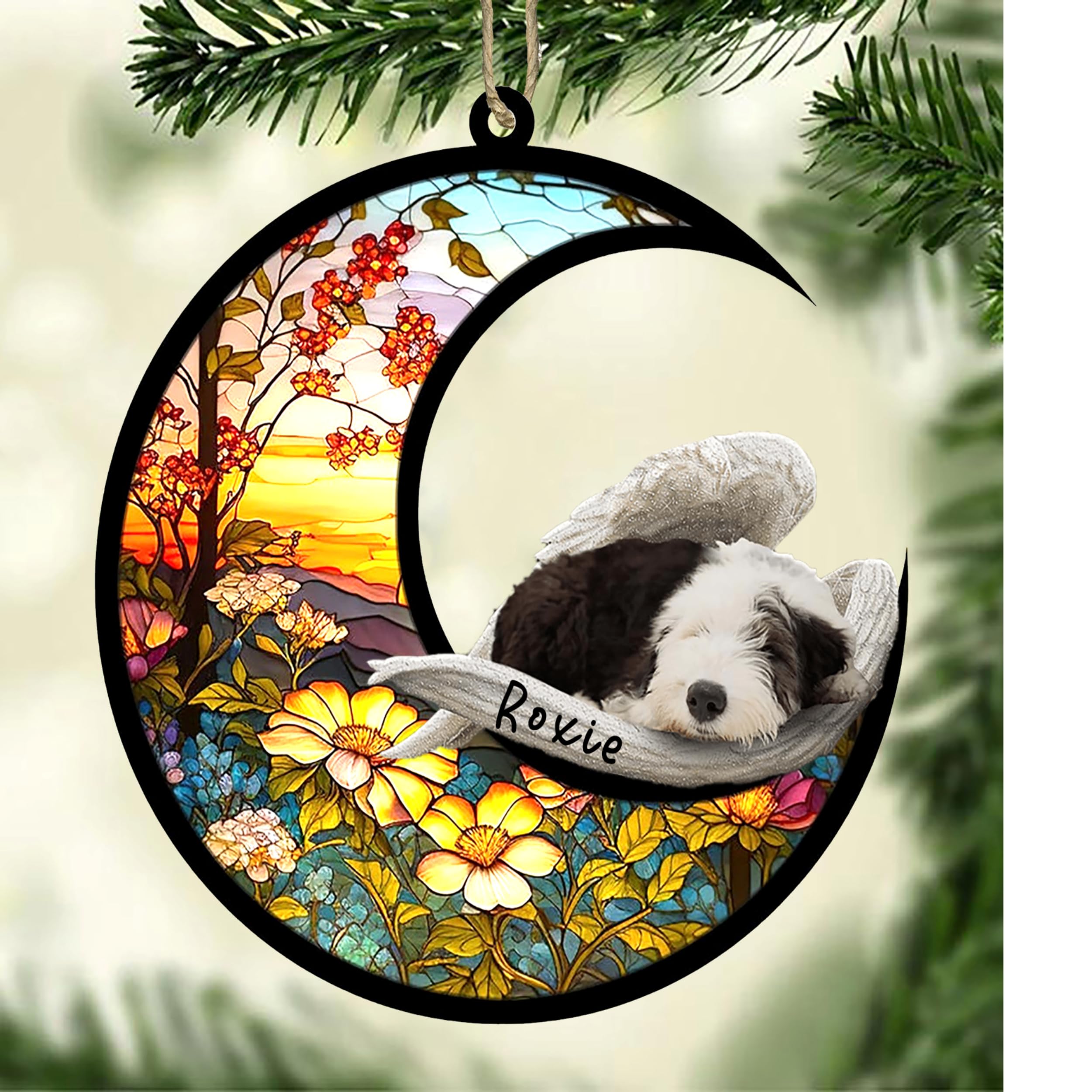 Personalized Old English Sheepdog_1 Dog Memorial Suncatcher, Old English Sheepdog_1 Christmas with Name, Pet Loss Catcher, Gifts for Dog Lovers Loss of Dog, Old English Sheepdog_1 Sleep on Haven