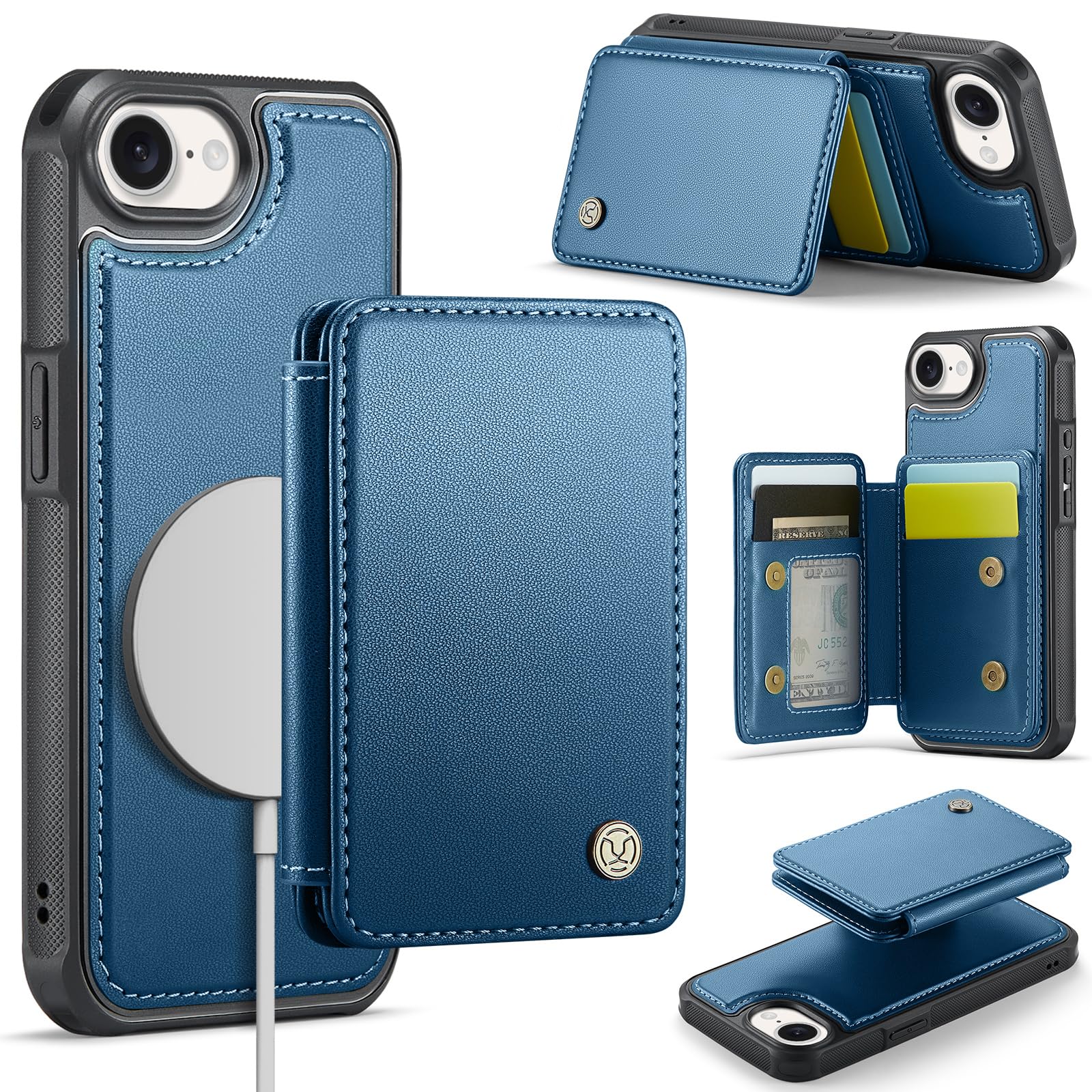 Usroom Compatible with Magsafe for iPhone 16E Wallet Case Magnetic Card Holder, RFID Blocking 2 in 1 Detachable Kickstand Shockproof Cover for Women