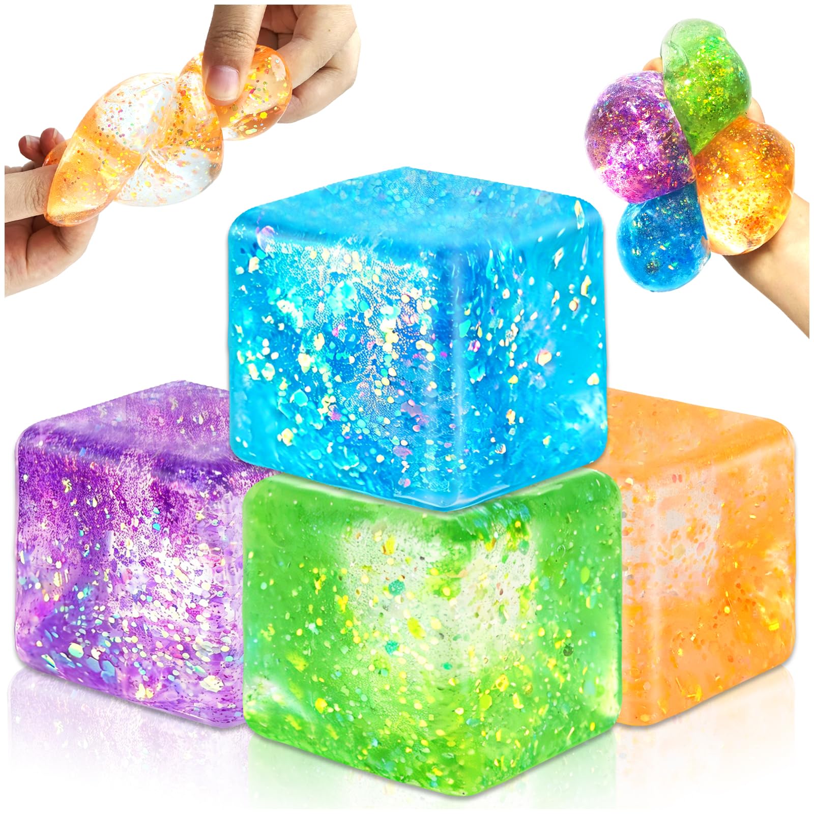 KINGSH 4PCS Nice Cube Squishy, Ice Cube Squishy Soft Squeeze Fidget Toys Glitter Stress Relief Sensory Squeeze Toys Durable Autism Anxiety Relief Squishy Toy for Birthday Christmas Party