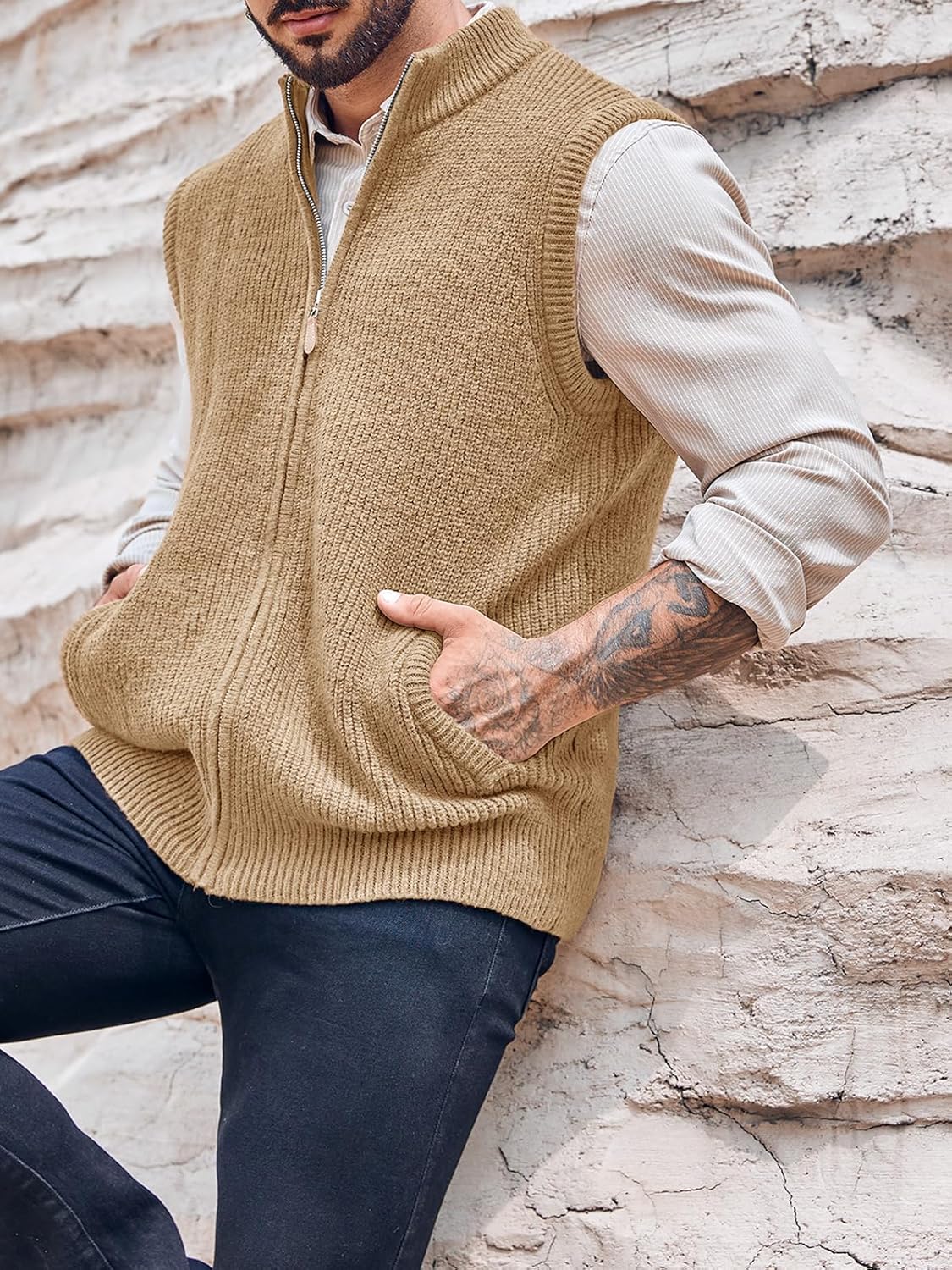 Ryannology Mens Full Zip Up Sweater Vest Knitted Cardigan Slim Fit Casual Warm Sleeveless Outerwear with 2 Pockets - Image 3