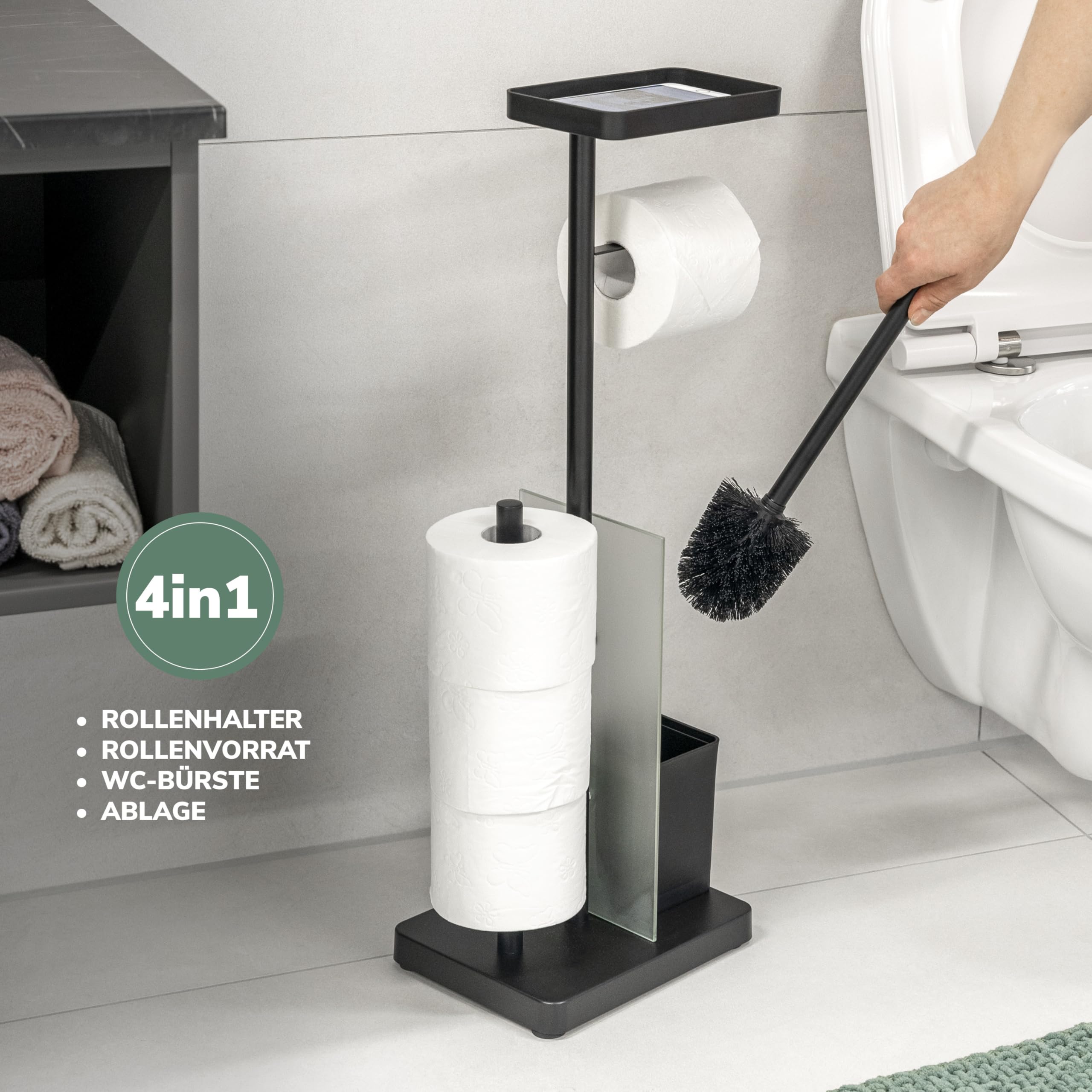 eluno Set WC 4 in 1, set WC autoportante con scopino per WC, 2 testine di ricambio, portarotolo per 3 ruote, ripiano, vetro satinato e metallo (nero), 91159-V