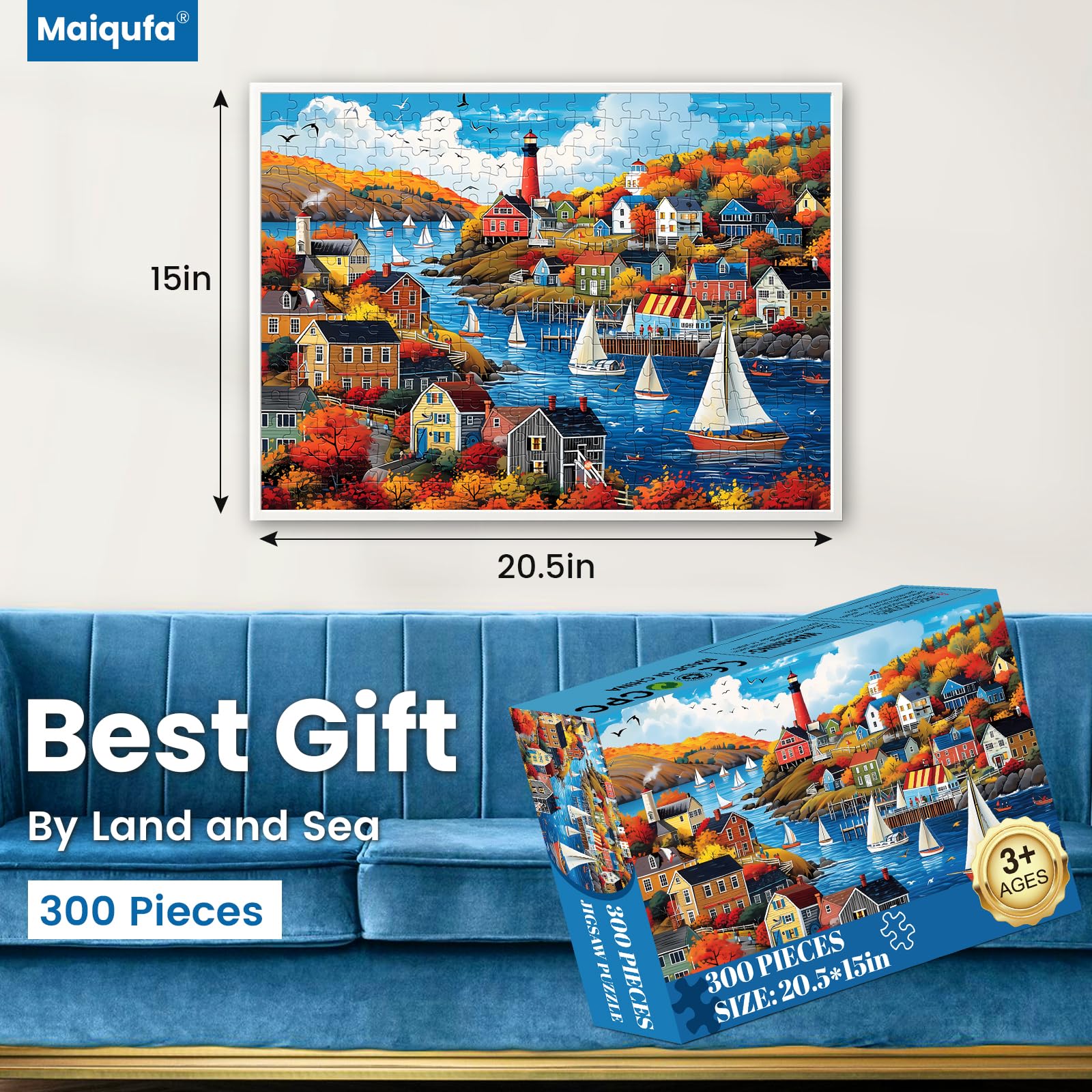 300 Pieces Puzzle for Adults | Town in Autumn Puzzle | Recycled Cardboard Large Piece Jigsaw Puzzles 300 Pieces | Challenging Game Home Decor Birthday Party Gift Toy for Adults Kids Seniors 20.5*15 in