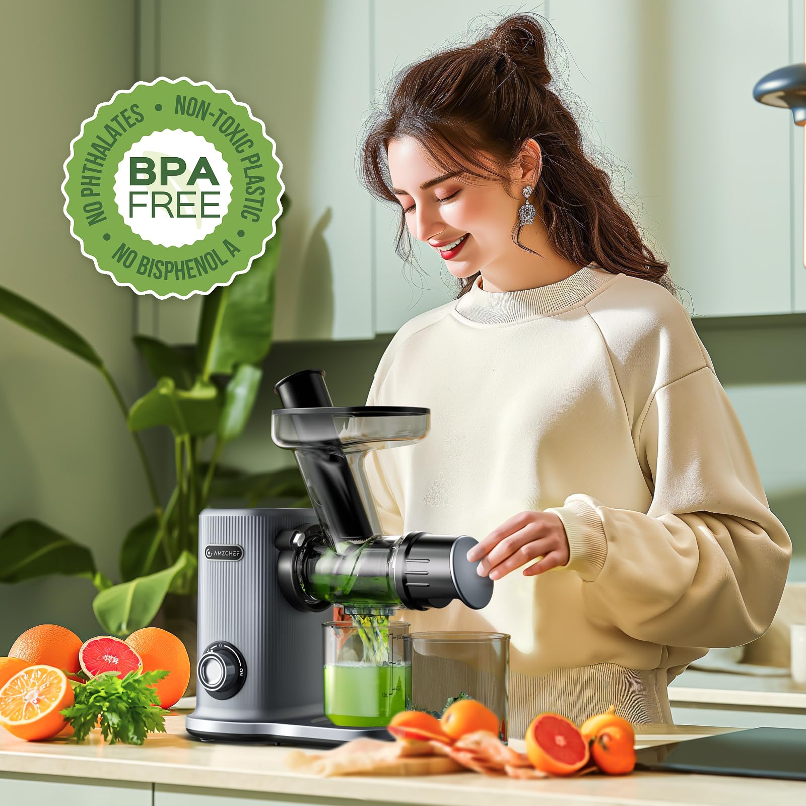 AMZCHEF Estrattore Compatto con Due Modalità di Alimentazione per Utilizzo Facile - 150W Estrattore frutta e verdura con Protezione al Surriscaldamento e Masticazione Inversa - Grigio