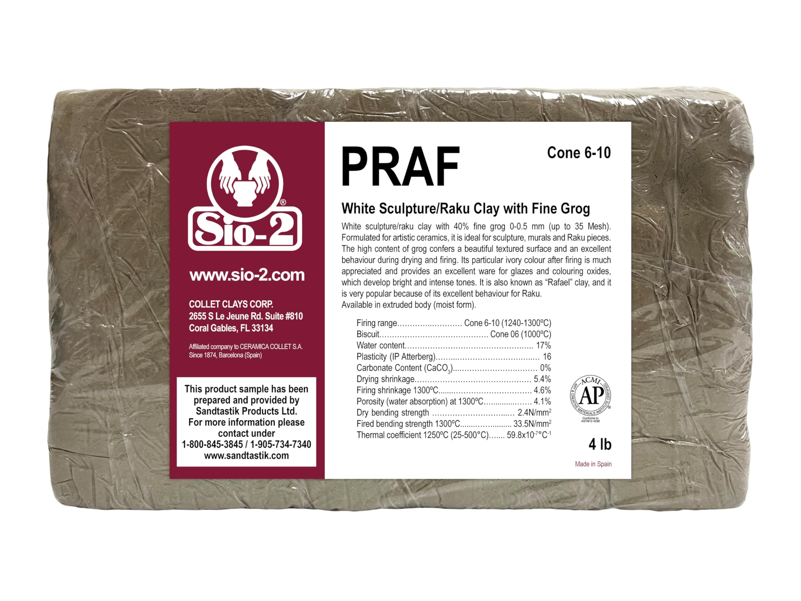 SIO-2 PRAF White High Fire Sculpture Clay, 4 lb (Cone 6-10) Natural Modeling Pottery Clay for Sculpting & Hand Building