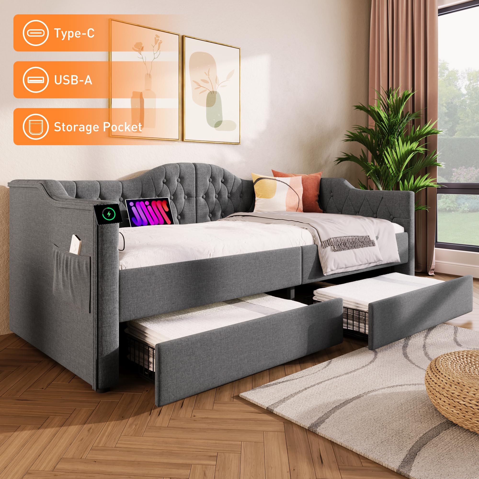 Rtopsu Divano Letto Imbottito 90x200 cm con USB Type C, Letto per Bambini con 2 Cassetti Contenitore, Letto per Ragazzi Struttura Letti con Telaio a Doghe in Legno, Lino, Grigio, Senza Materasso