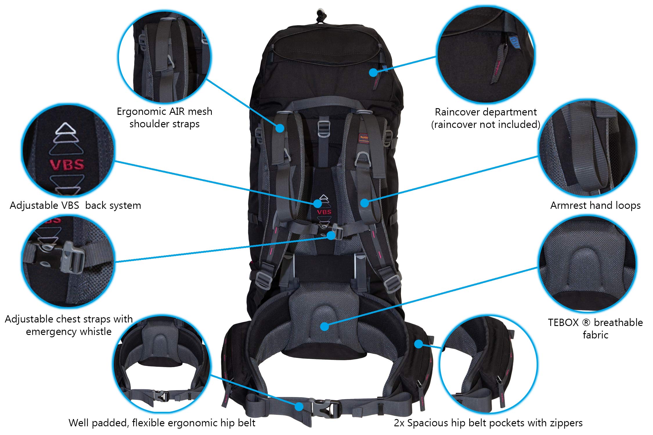 Kentaurus plecak trekkingowy, plecak trekkingowy, plecak turystyczny, damski, męski, plecak o pojemności 60 l plus 10 l (wyprodukowano w UE), granatowy (niebieski) - KENTAURUS 60