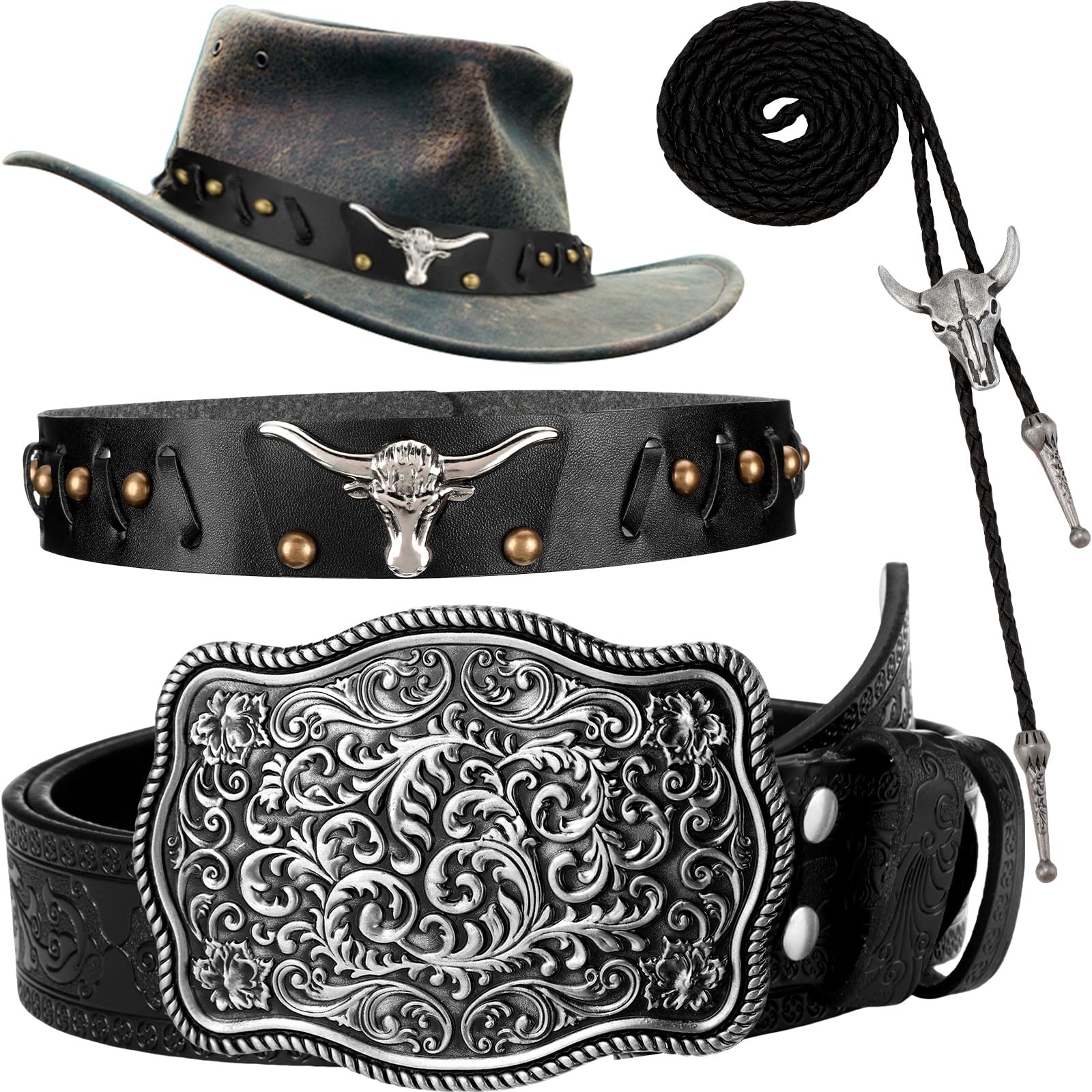 Panitay3 Pcs Cowboy Accessories for Men Including Western Buckle Belt Hat Band for Cowboy Hat Vintage Bolo Tie (No Hat)