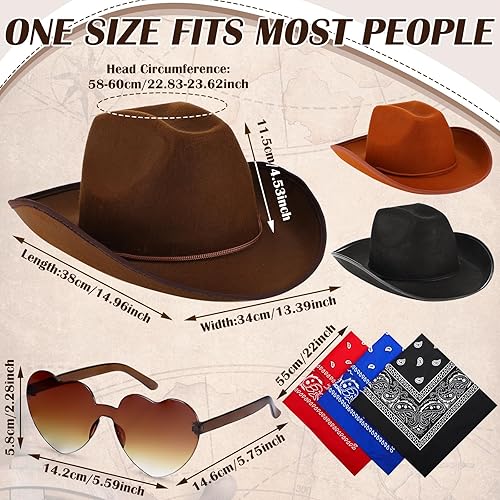 Miniatura 2 de Geyoga 9 piezas de sombrero de vaquero para adulto con bandana de vaquero y gafas para disfraz del oeste, accesorio para hombres y mujeres