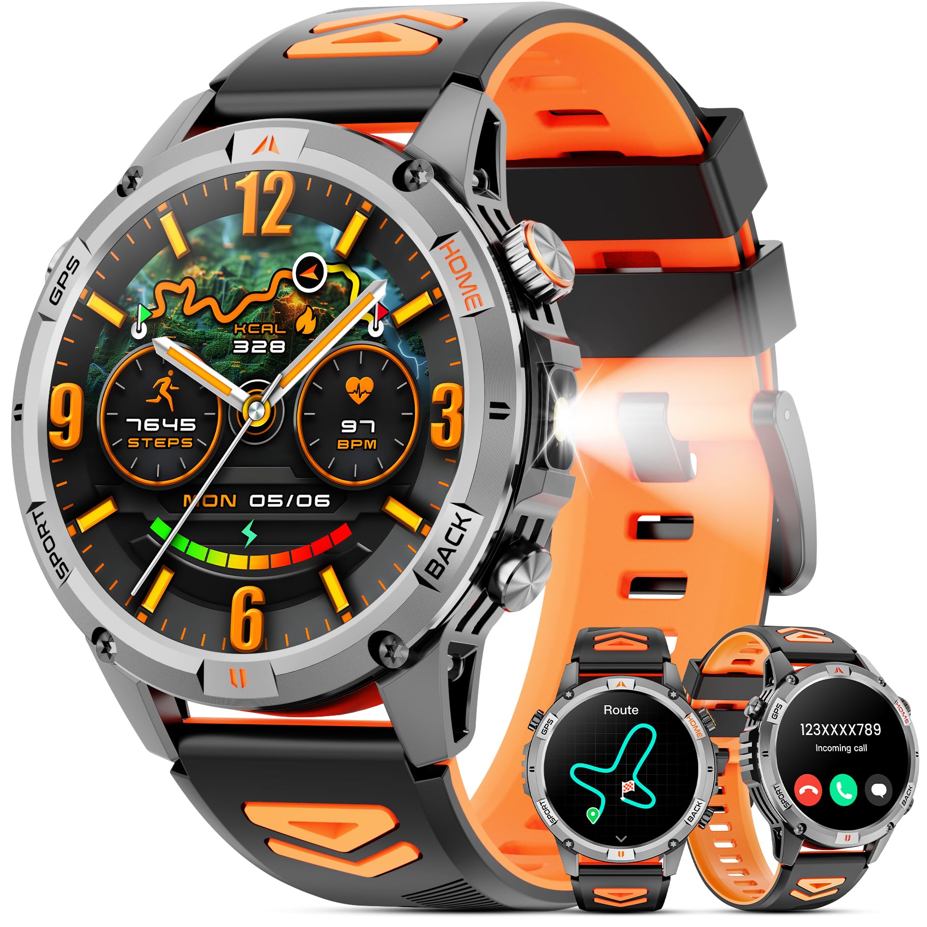 Reloj Inteligente Hombre Militar, 1,46" HD Smartwatch GPS con Linterna Led, Brújula, 100+ Modos Deportivos Smart Watch, Monitoreo de salud 24/7, Llamadas Bluetooth, IP68 Impermeable para Android iOS