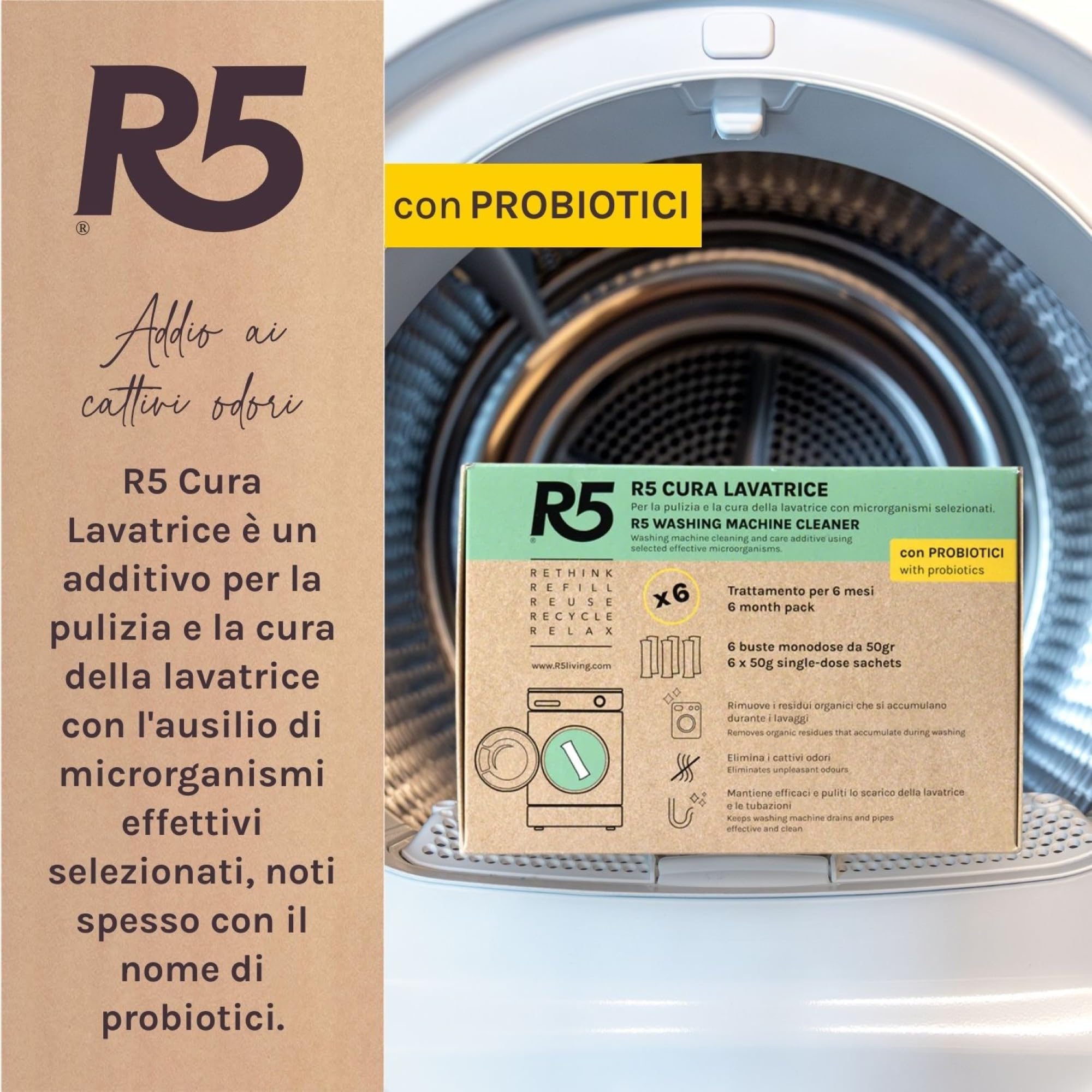 R5, Cura Lavatrice, 12 Dosi, Additivo per Pulizia e Cura della Lavatrice con Microrganismi Effettivi Selezionati, Rimuove Residui Organici e Cattivi Odori, 2 x 6 Dosi