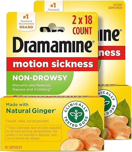 Miniatura 9 de Dramamine Motion Sickness Non-Drowsy - Suplemento dietético previene y alivia las nauseas y los vómitos 18 cápsulas