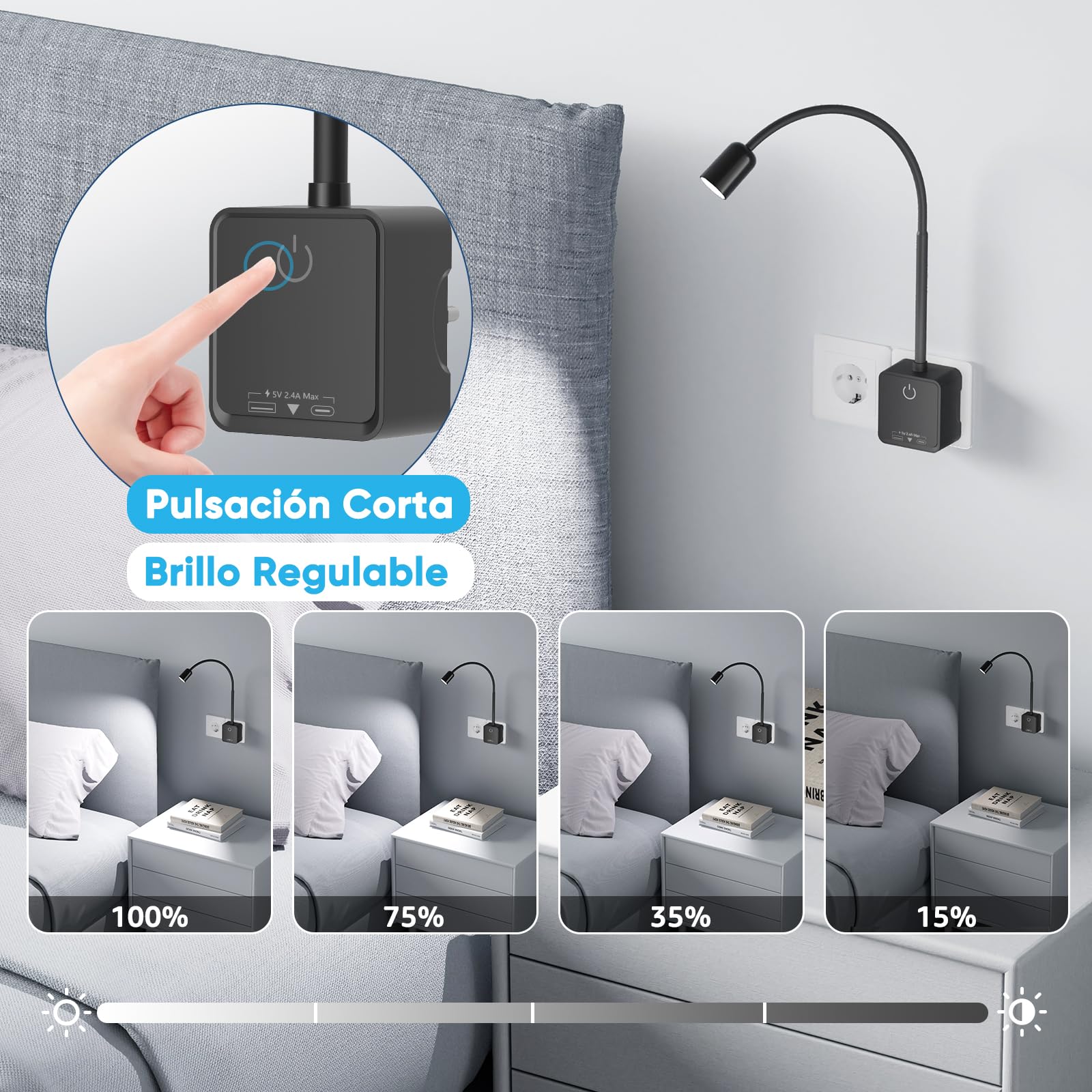 Lamparas Aplique Lectura de Pared Foco LED Regulable con Enchufe e Interruptor Tactil, Puertos de Salida USB, 2 Pack Lamparas Negra para Dormitorio Sala Cocina, 3 Temperatura de Color