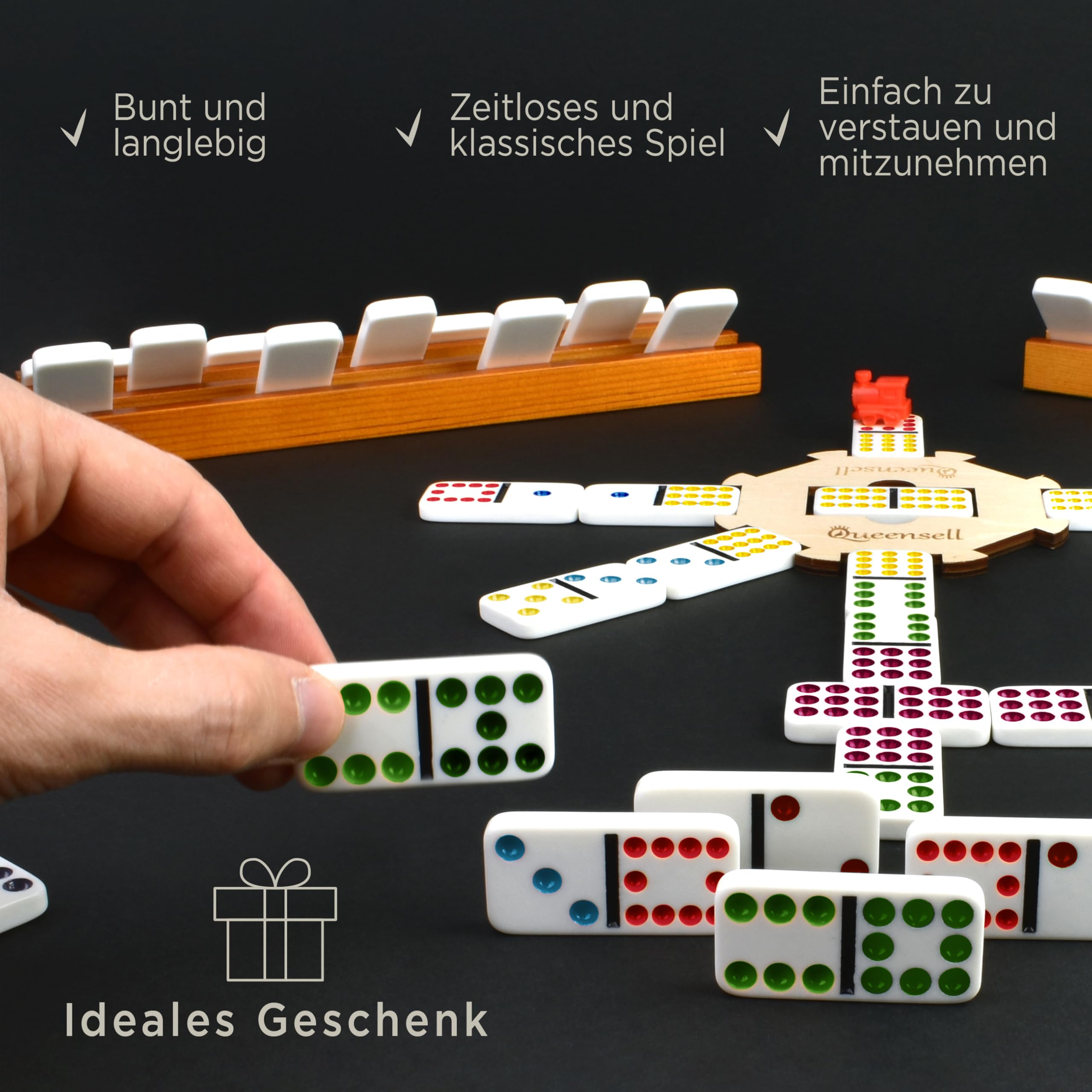 Queensell Mexican Train Domino-Set mit Holzmittelstück, Domino-Brettspiele – Doppel-12 Domino-Set für Familienspieleabende für Erwachsene und Kinder ab 8 Jahren