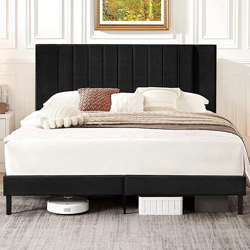 Miniatura 21 de Flolinda Base de cama tamaño King con cabecera tapizada de terciopelo ajustable y soporte de listones de madera, base de colchón tapizada, no