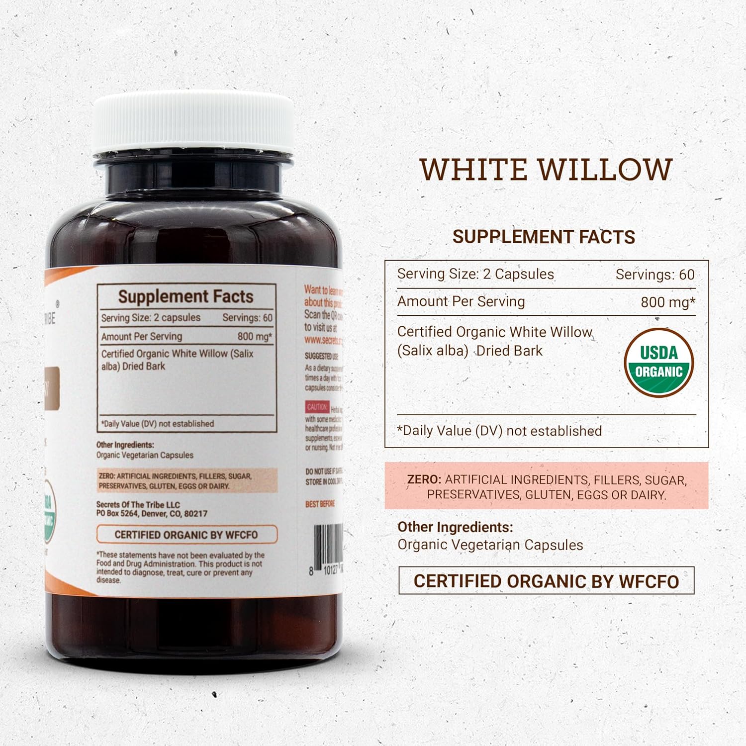 Secrets of the Tribe White Willow Capsules 800 mg USDA Organic White Willow (Salix Alba) Dried Bark (120 Capsules) - Image 4
