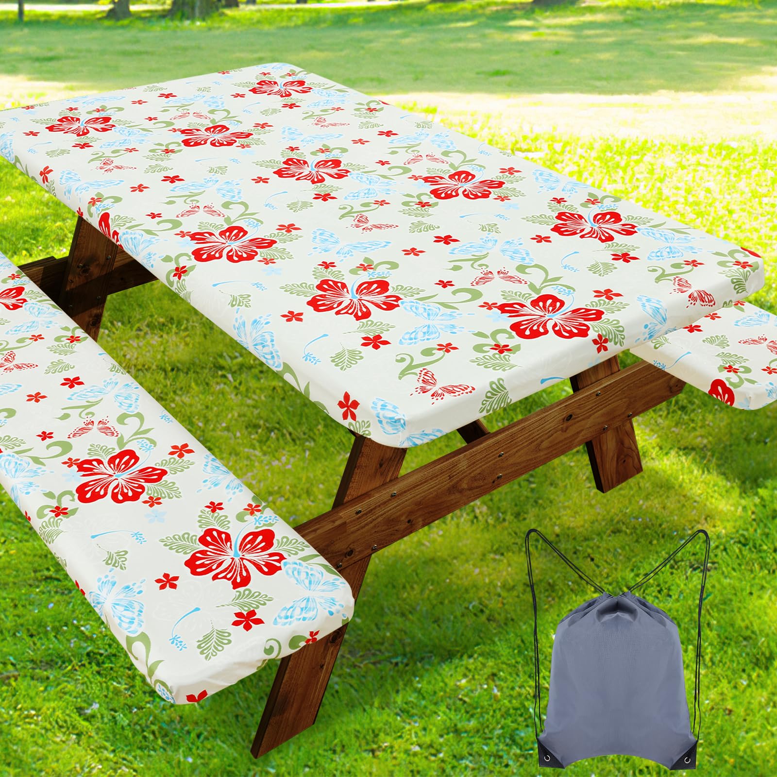 Smiry Picnic Table Cover with Bench Covers, Waterproof Elastic Fitted Tablecloth for 6 Foot Tables, Washable Polyester Tablecloths for Camping, Indoor &amp; Outdoor (Butterfly, 30x72 Inch 3-pc Set)