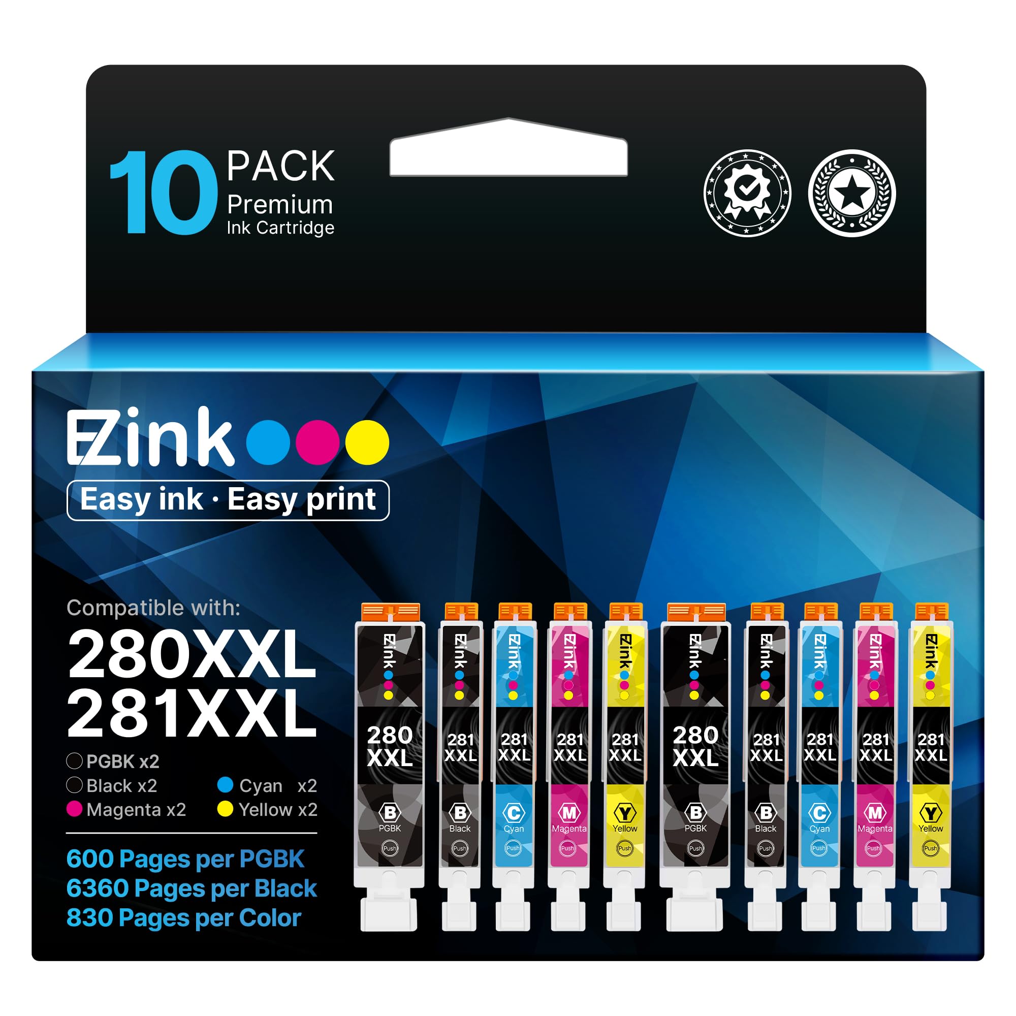 E-Z Ink 10 Pack 280 281 XXL Ink Cartridges for Canon 280 281 Ink Cartridges | PGI-280XXL CLI-281XXL 280 XXL 281 XXL for PIXMA TR8620a TS9521C TR7520 TR8620 TR8520 TR8600 TR7520 TS702a TS9520 (10 Pack)
